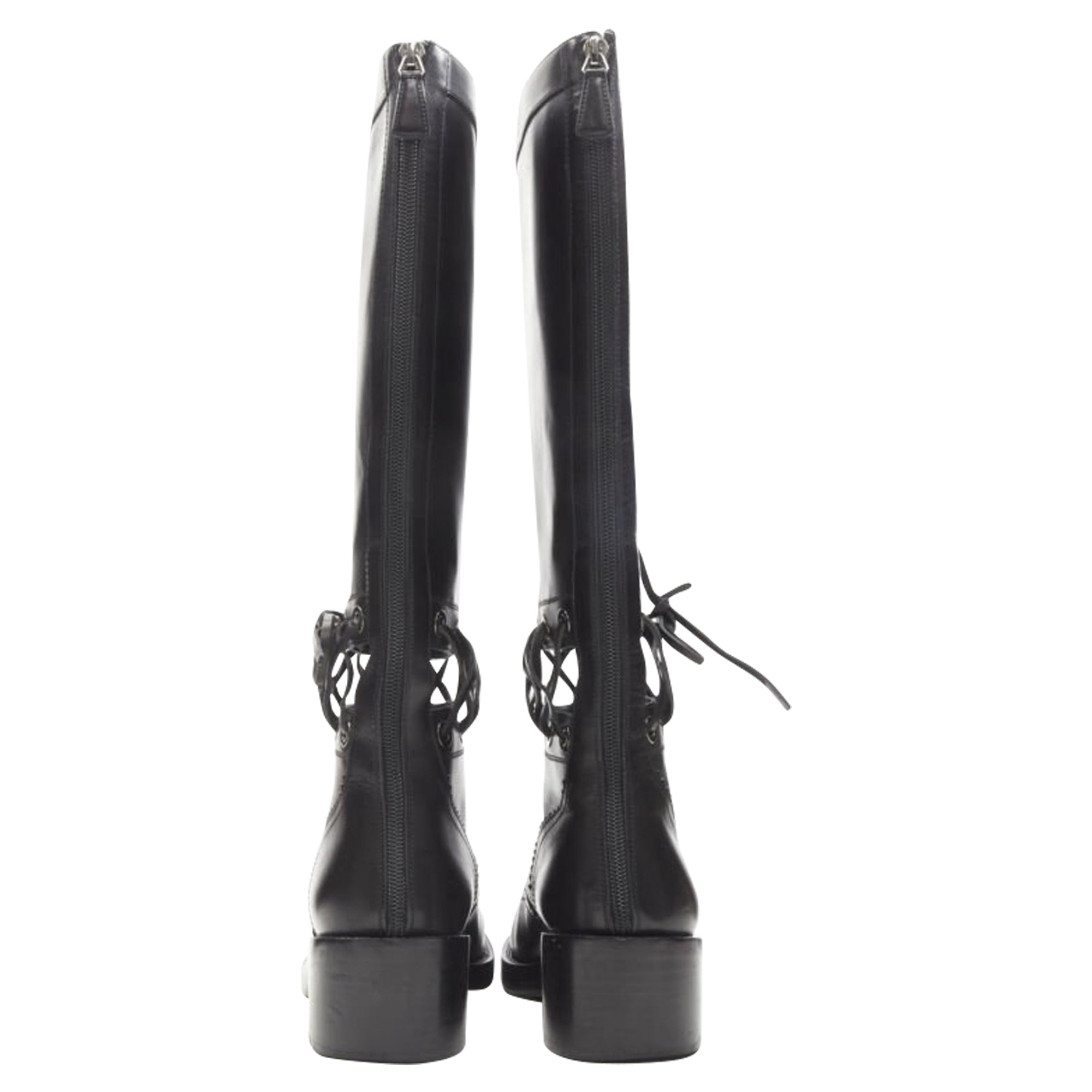 Women's Chanel calfskin cross stitch cut out CC toe cap block heel boot
