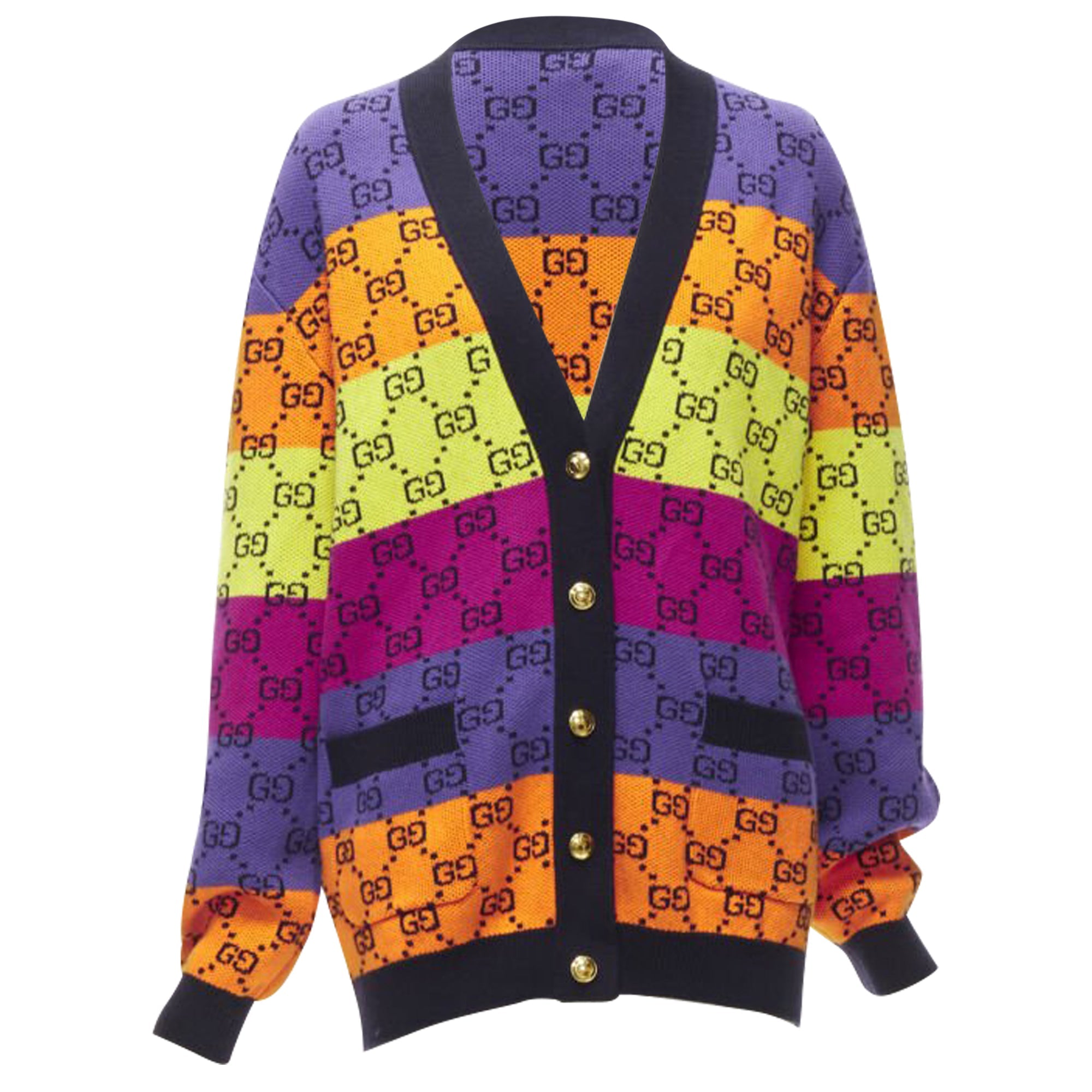 Women's Gucci wool cotton colorblocked GG monogram gld button overd cardigan
