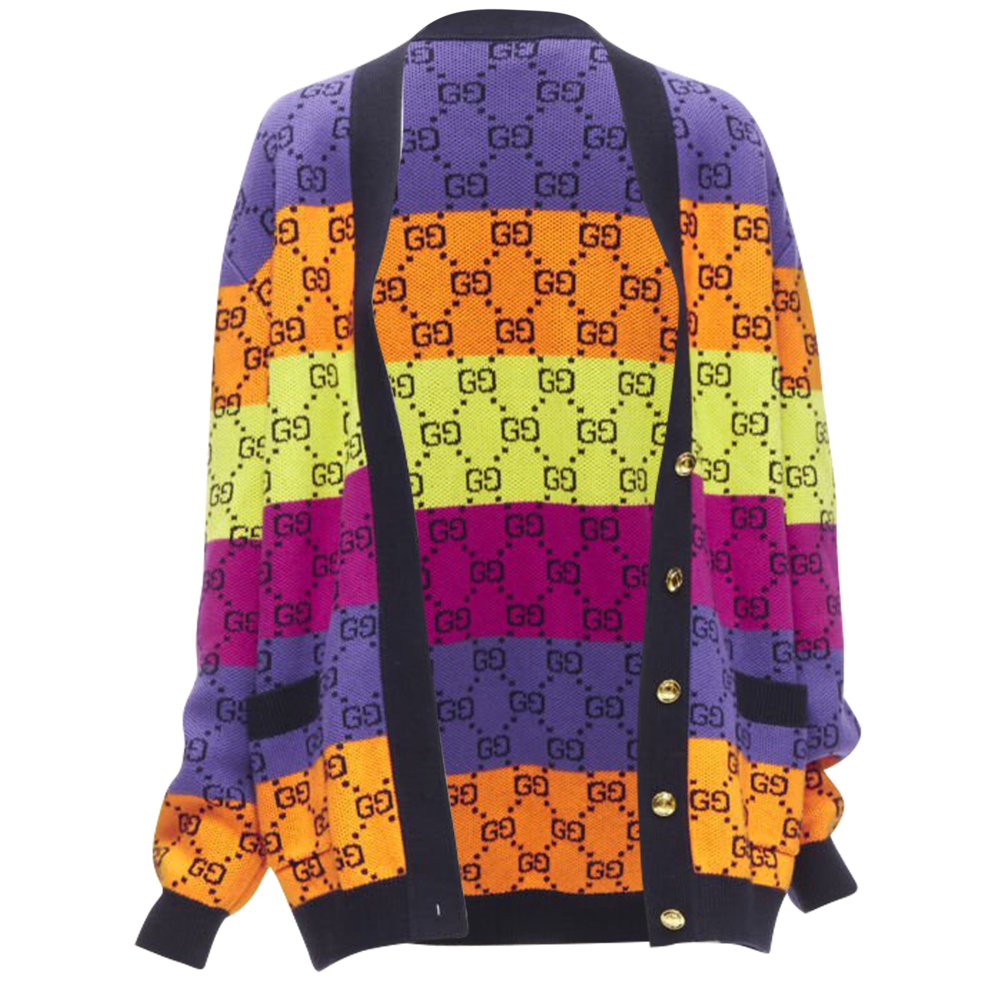 Women's Gucci wool cotton colorblocked GG monogram gld button overd cardigan