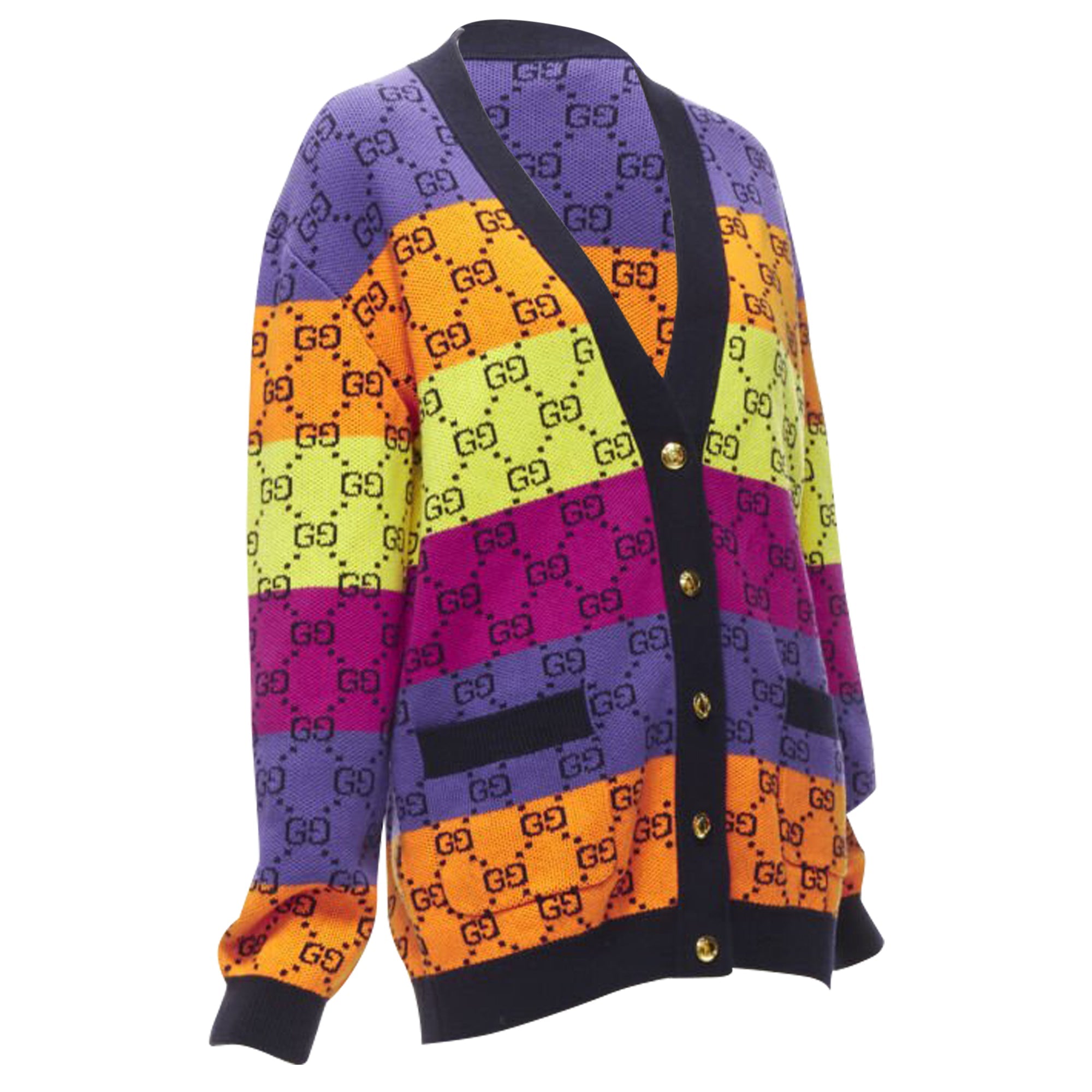 Women's Gucci wool cotton colorblocked GG monogram gld button overd cardigan