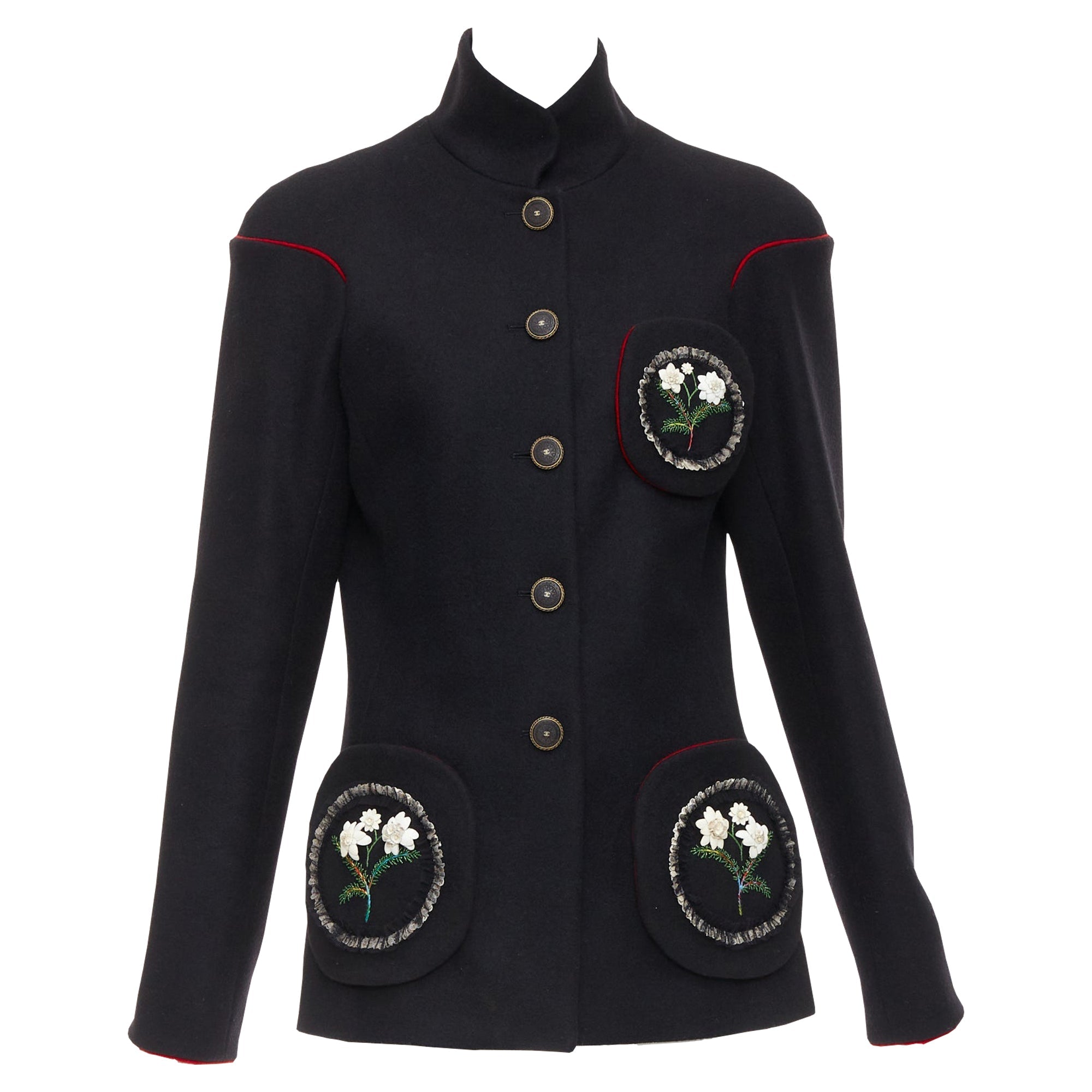 Women's Chanel Edelweiss flower embroidery circle pocket wool coat