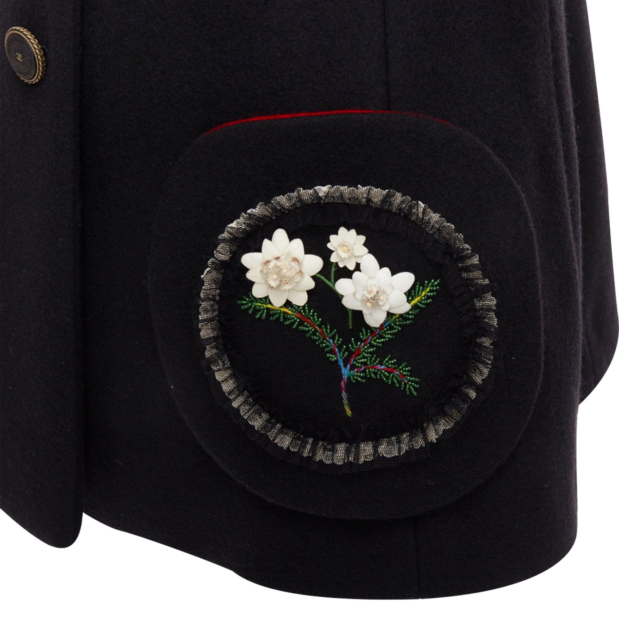 Women's Chanel Edelweiss flower embroidery circle pocket wool coat