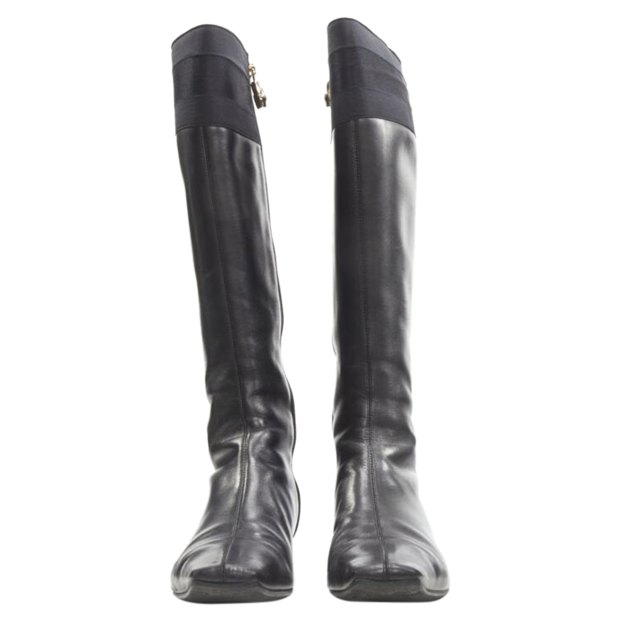 Women's Gucci web trim leather bamboo charm zip riding boots