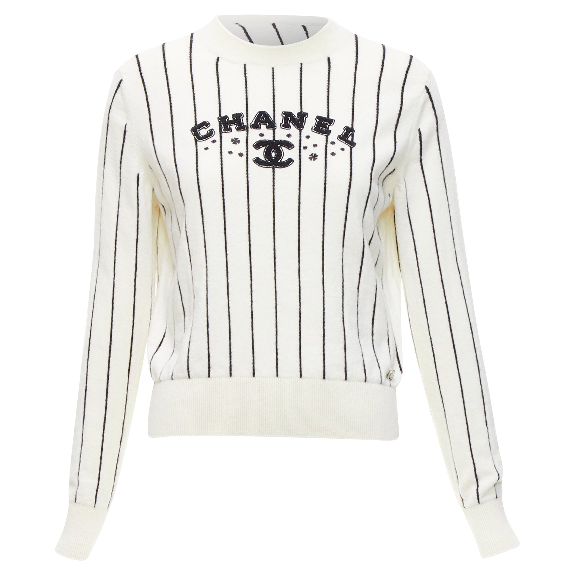 Women's Chanel cashmere striped logo varsity sweater top