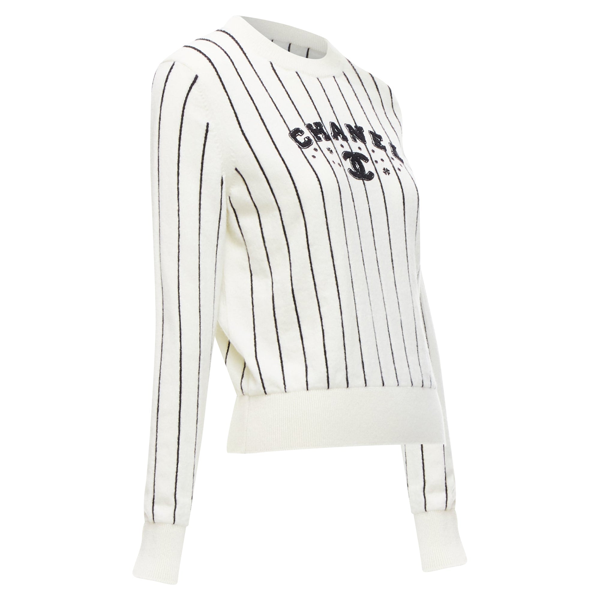 Women's Chanel cashmere striped logo varsity sweater top