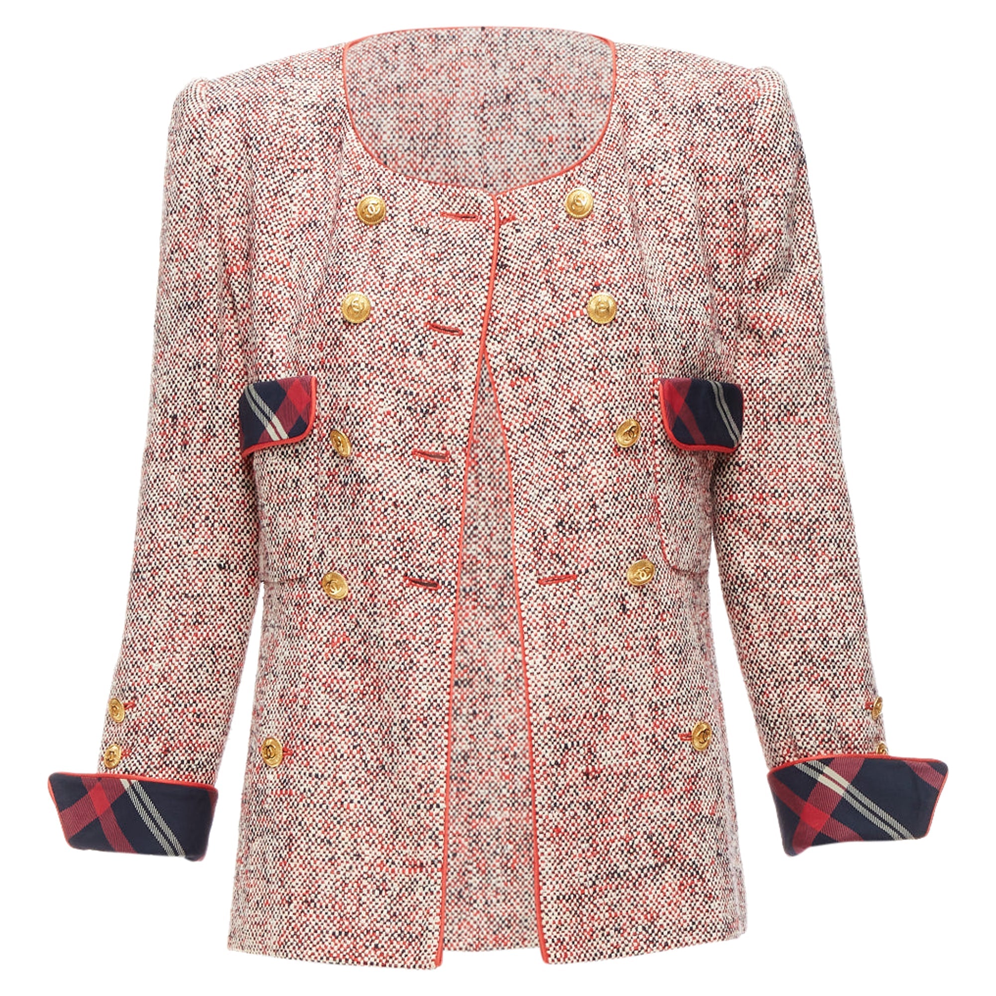Women's Chanel Red Boucle Tweed Gold Button Double Breast Blazer Jacket