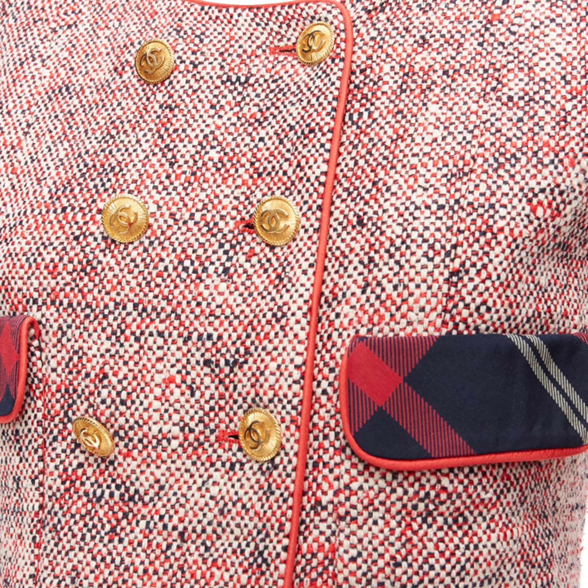 Women's Chanel Red Boucle Tweed Gold Button Double Breast Blazer Jacket