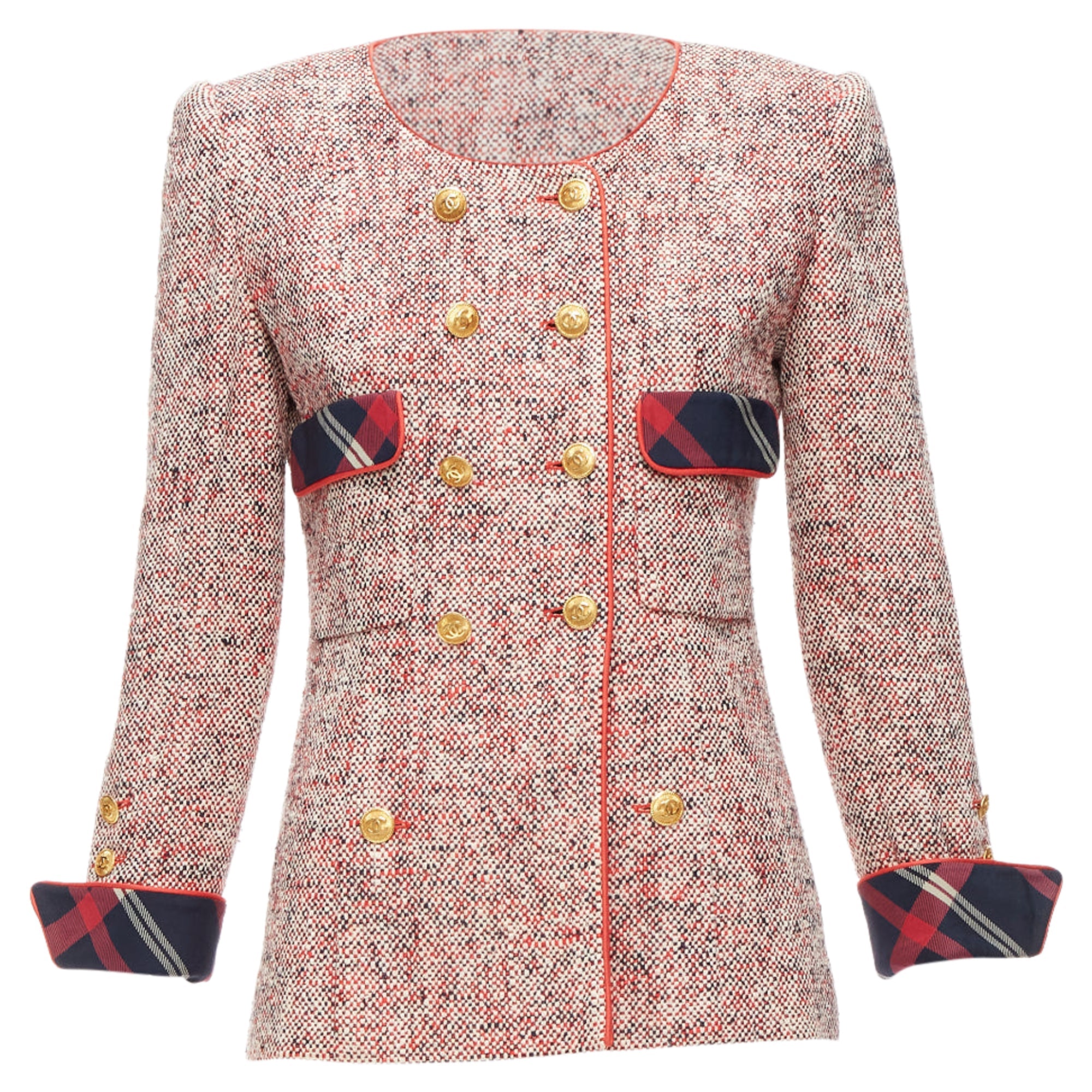 Women's Chanel Red Boucle Tweed Gold Button Double Breast Blazer Jacket