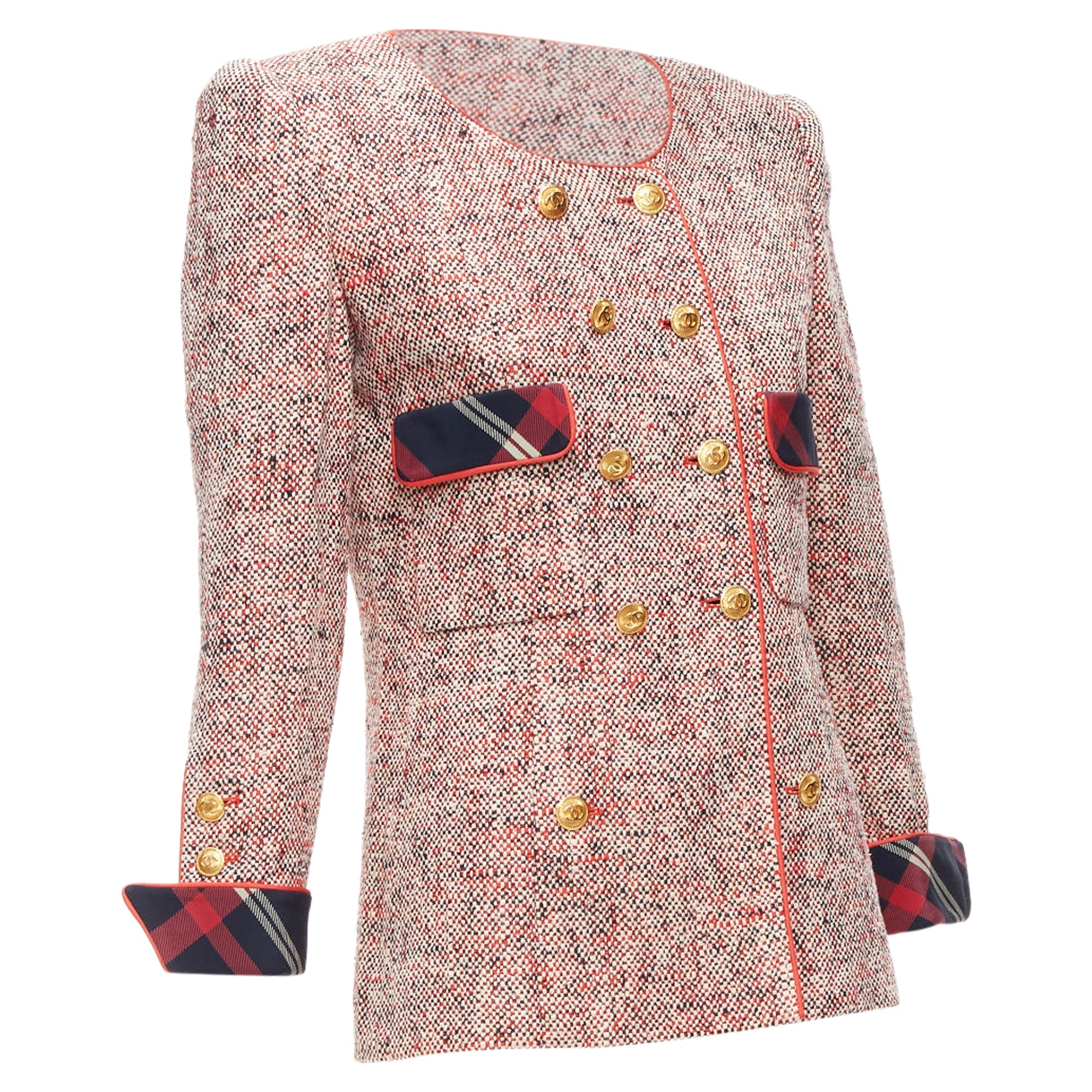 Women's Chanel Red Boucle Tweed Gold Button Double Breast Blazer Jacket