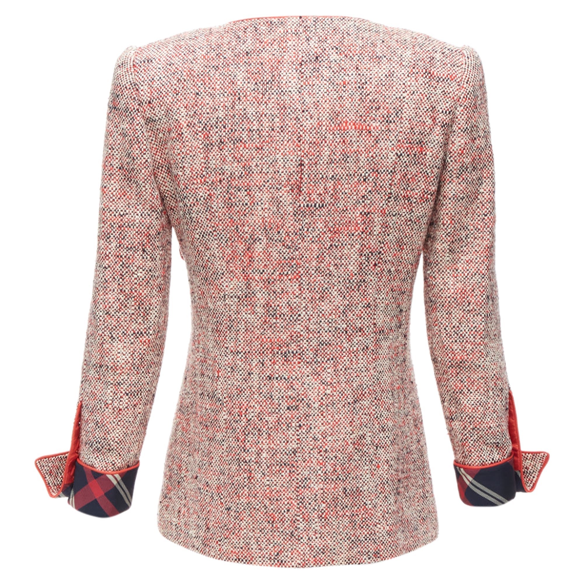 Women's Chanel Red Boucle Tweed Gold Button Double Breast Blazer Jacket