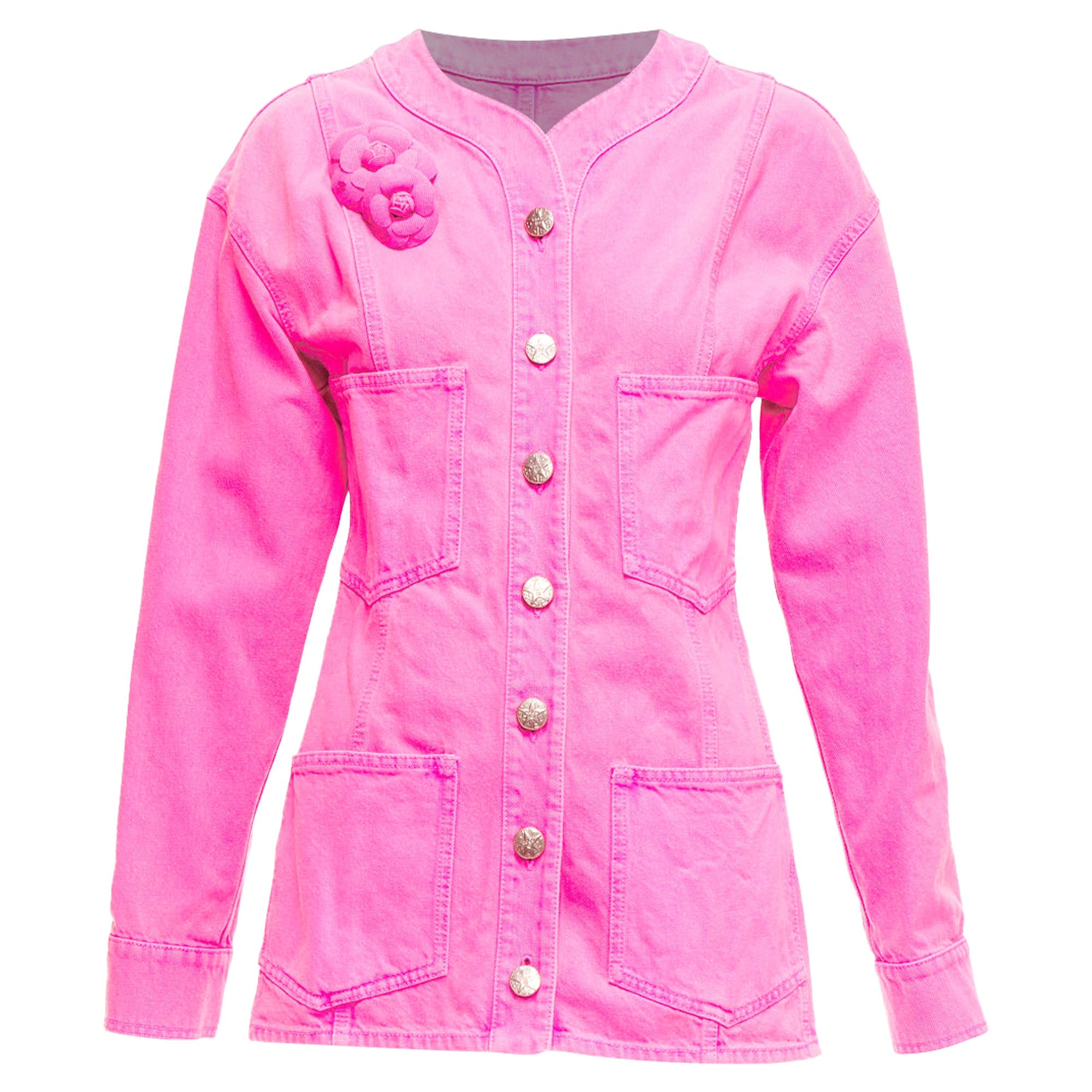 Women's Chanel Neon Pink Cotton Denim CC Logo Camellia Embellished Jacket