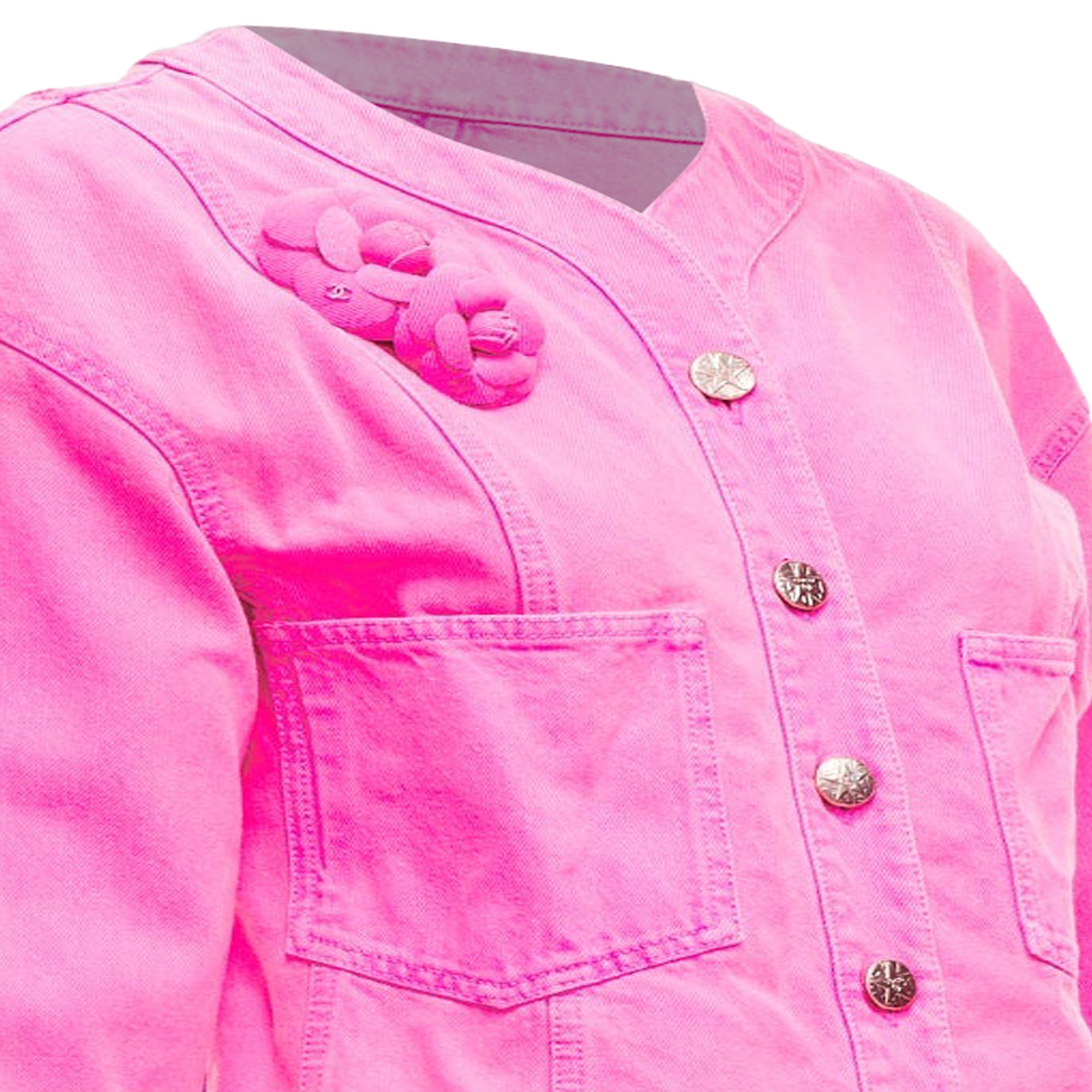 Women's Chanel Neon Pink Cotton Denim CC Logo Camellia Embellished Jacket