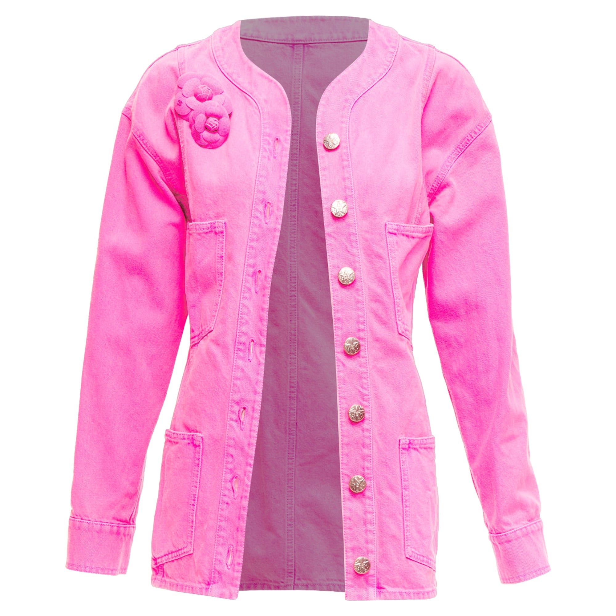 Women's Chanel Neon Pink Cotton Denim CC Logo Camellia Embellished Jacket