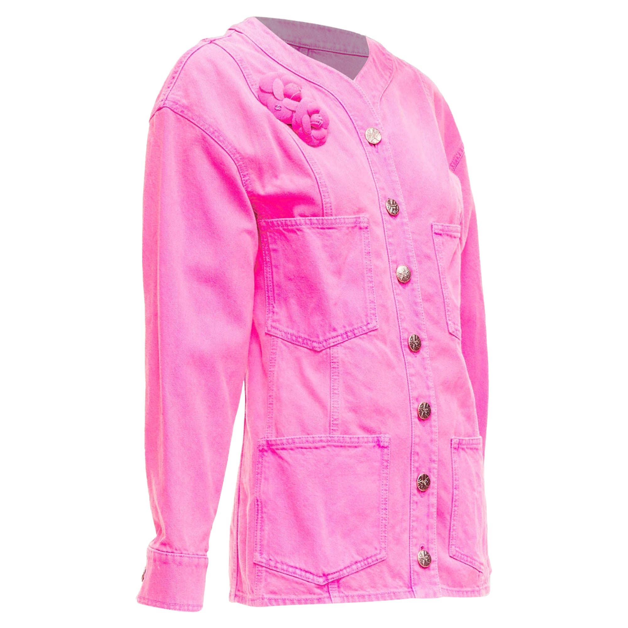 Women's Chanel Neon Pink Cotton Denim CC Logo Camellia Embellished Jacket