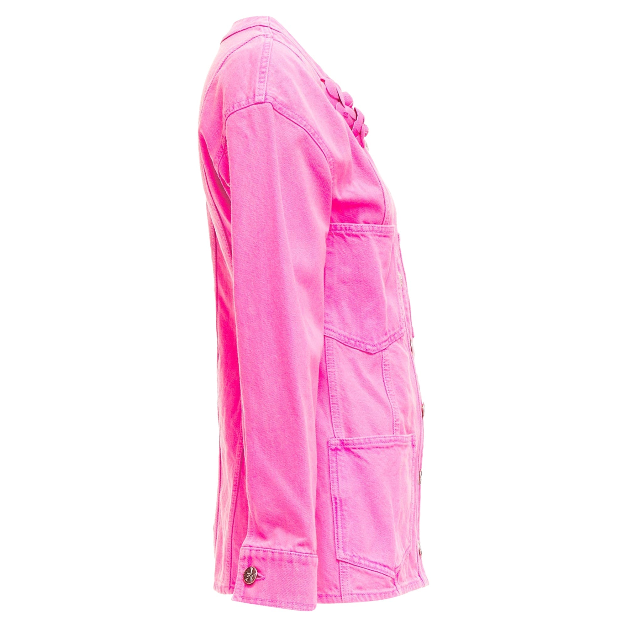 Women's Chanel Neon Pink Cotton Denim CC Logo Camellia Embellished Jacket