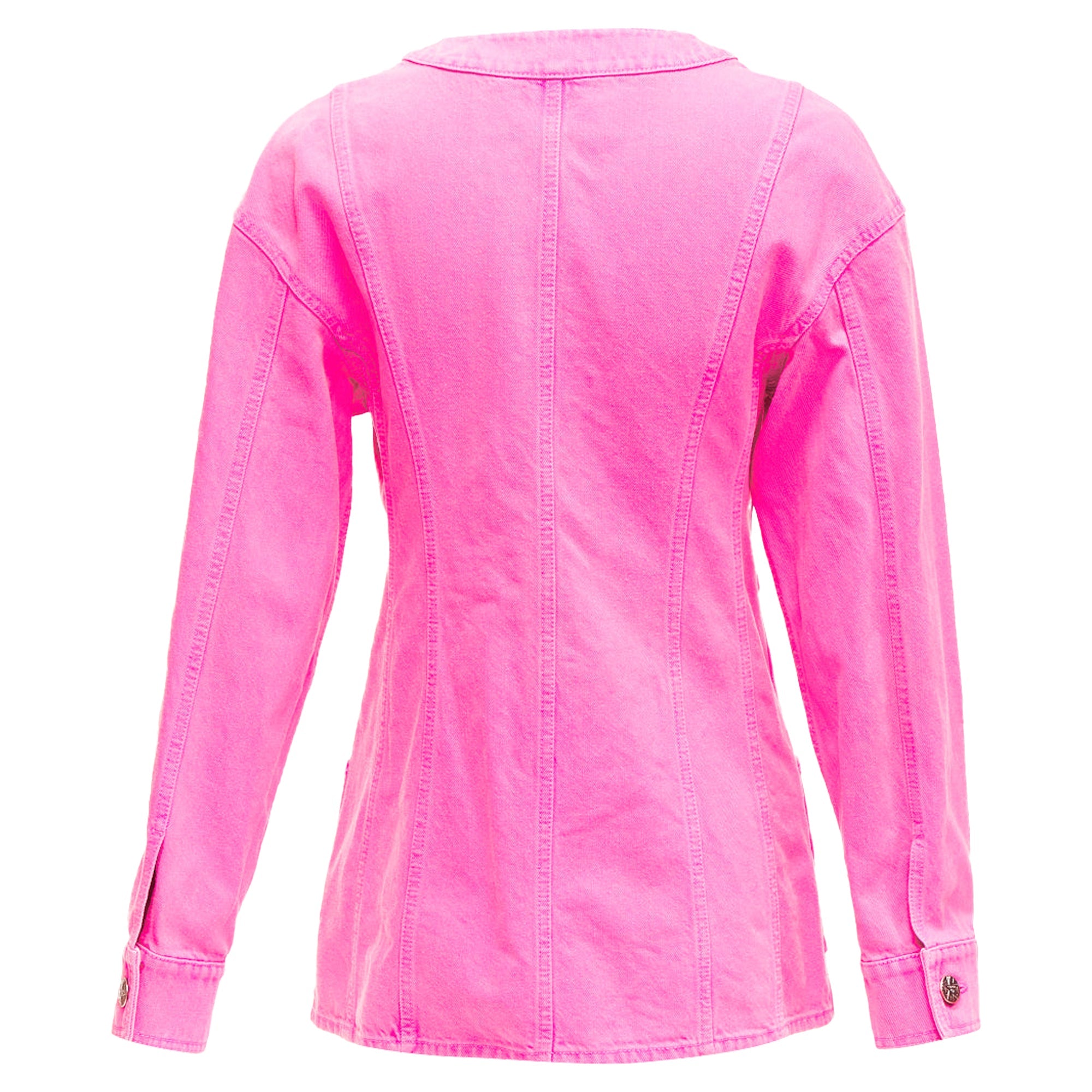 Women's Chanel Neon Pink Cotton Denim CC Logo Camellia Embellished Jacket