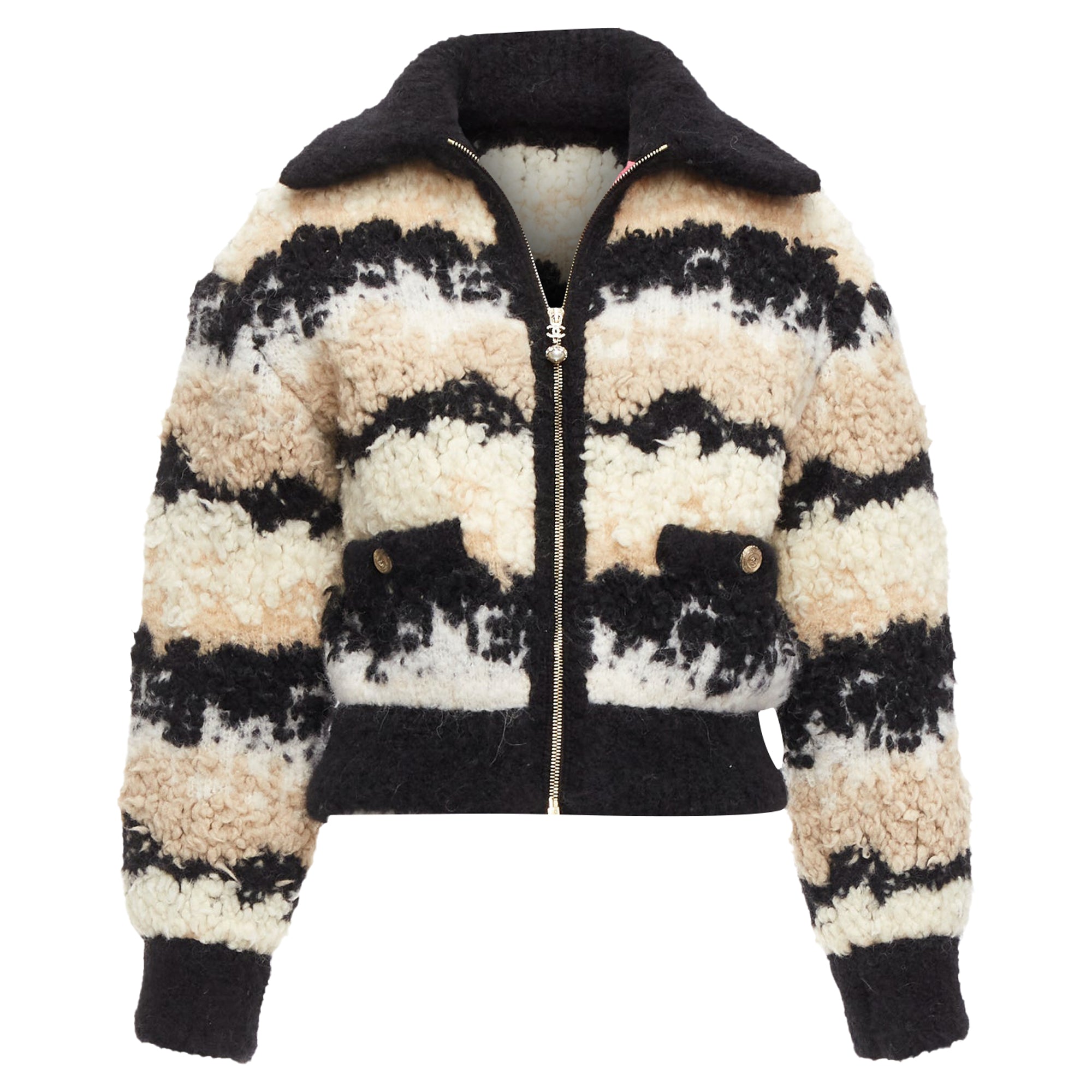 Women's Chanel Coco Neige CC Pearl Zip Wool Cashmere Cropped Bomber