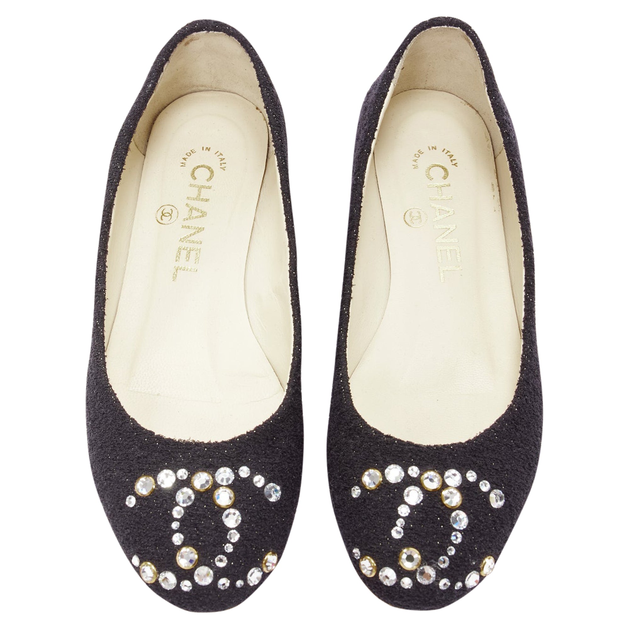 Women's Chanel Tweed Crystal CC Embellished Logo Round Toe Flat Shoes