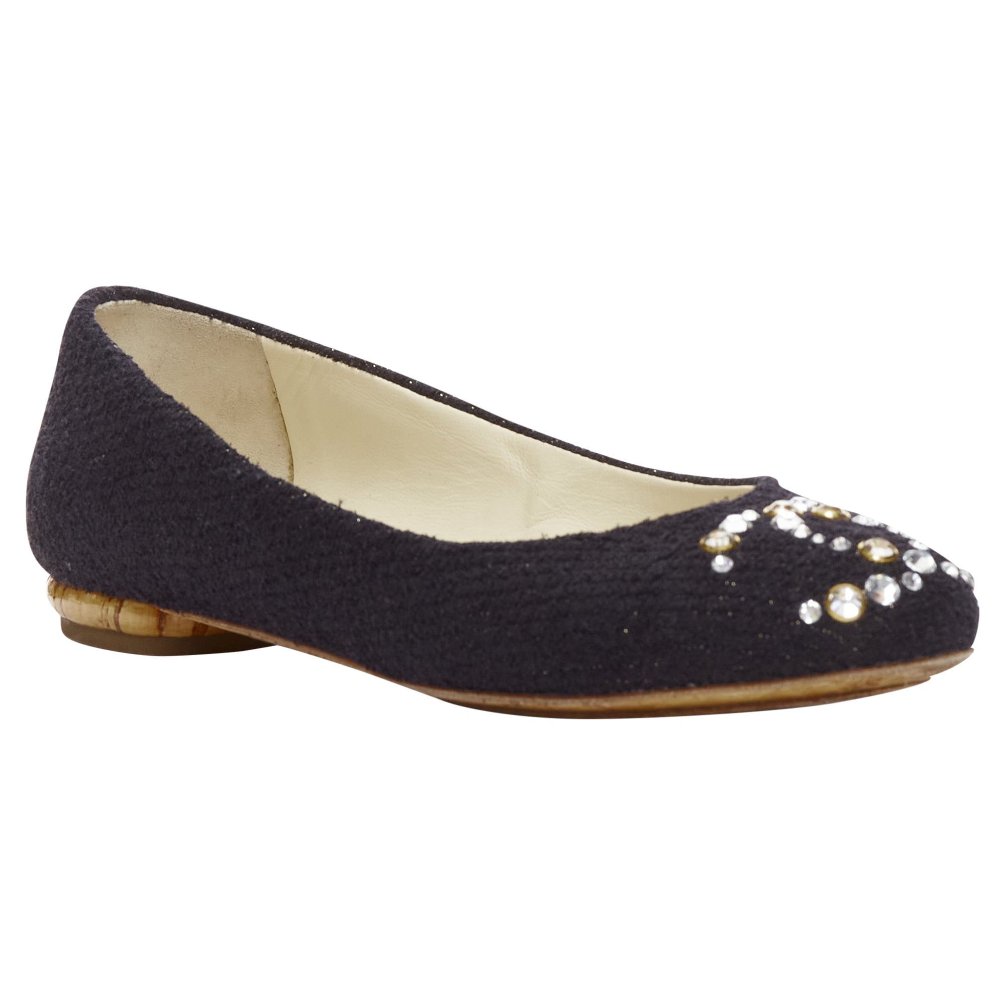 Women's Chanel Tweed Crystal CC Embellished Logo Round Toe Flat Shoes