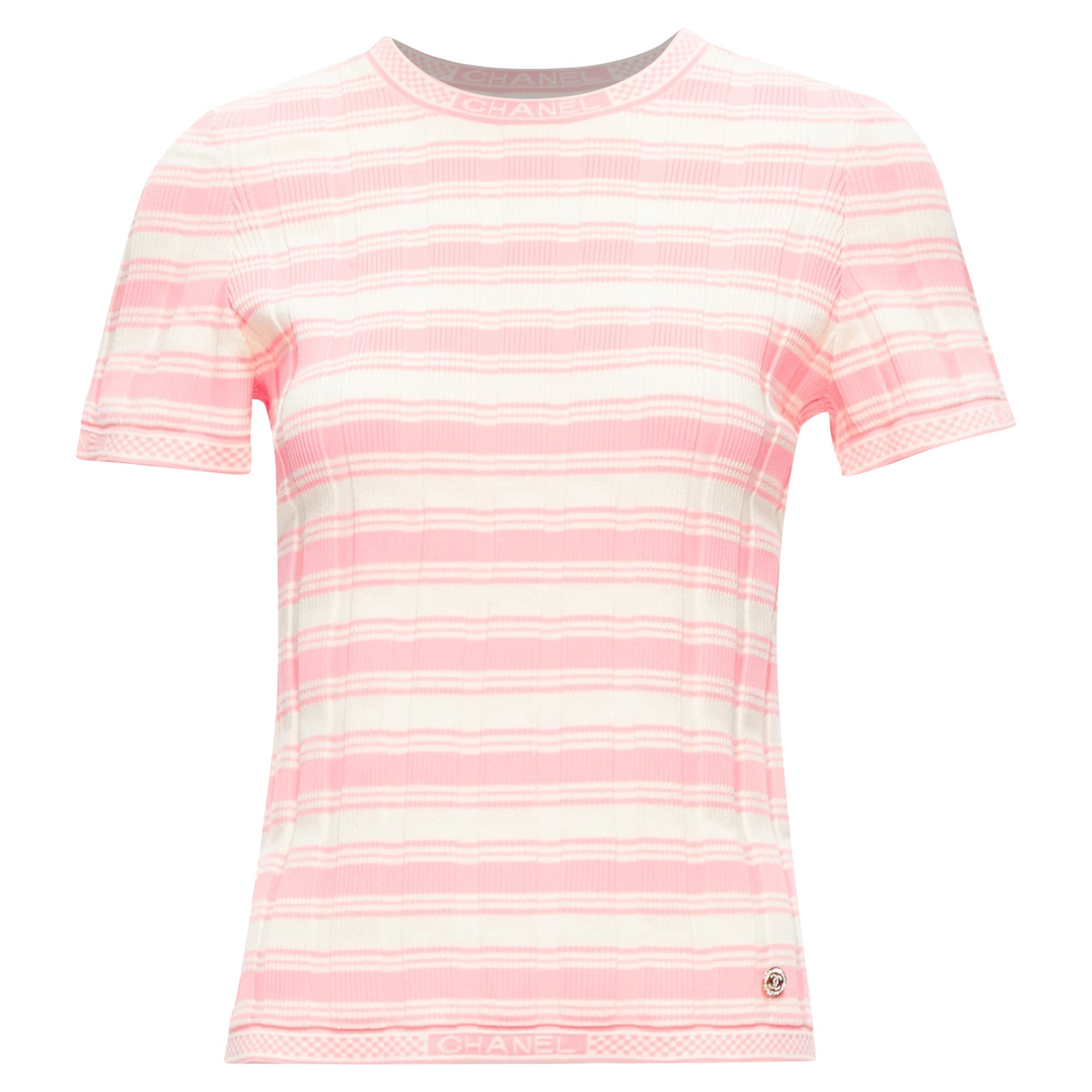 Women's Chanel Stripe Logo Charm Short Sleeve Ribbed Sweater