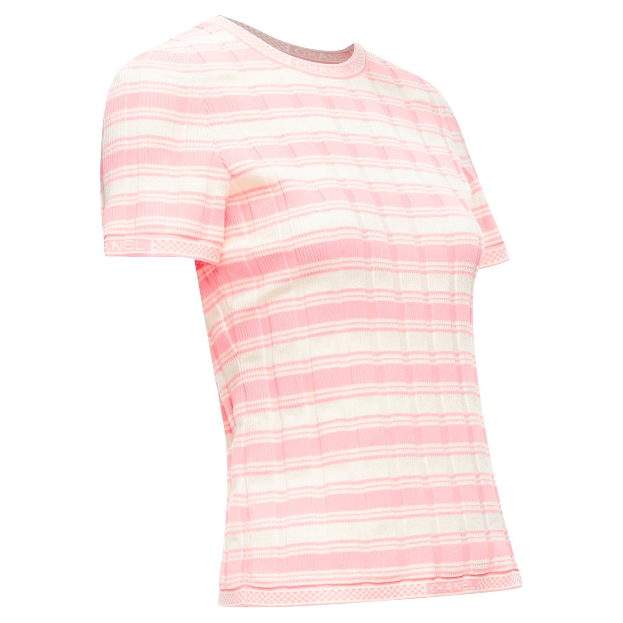 Women's Chanel Stripe Logo Charm Short Sleeve Ribbed Sweater