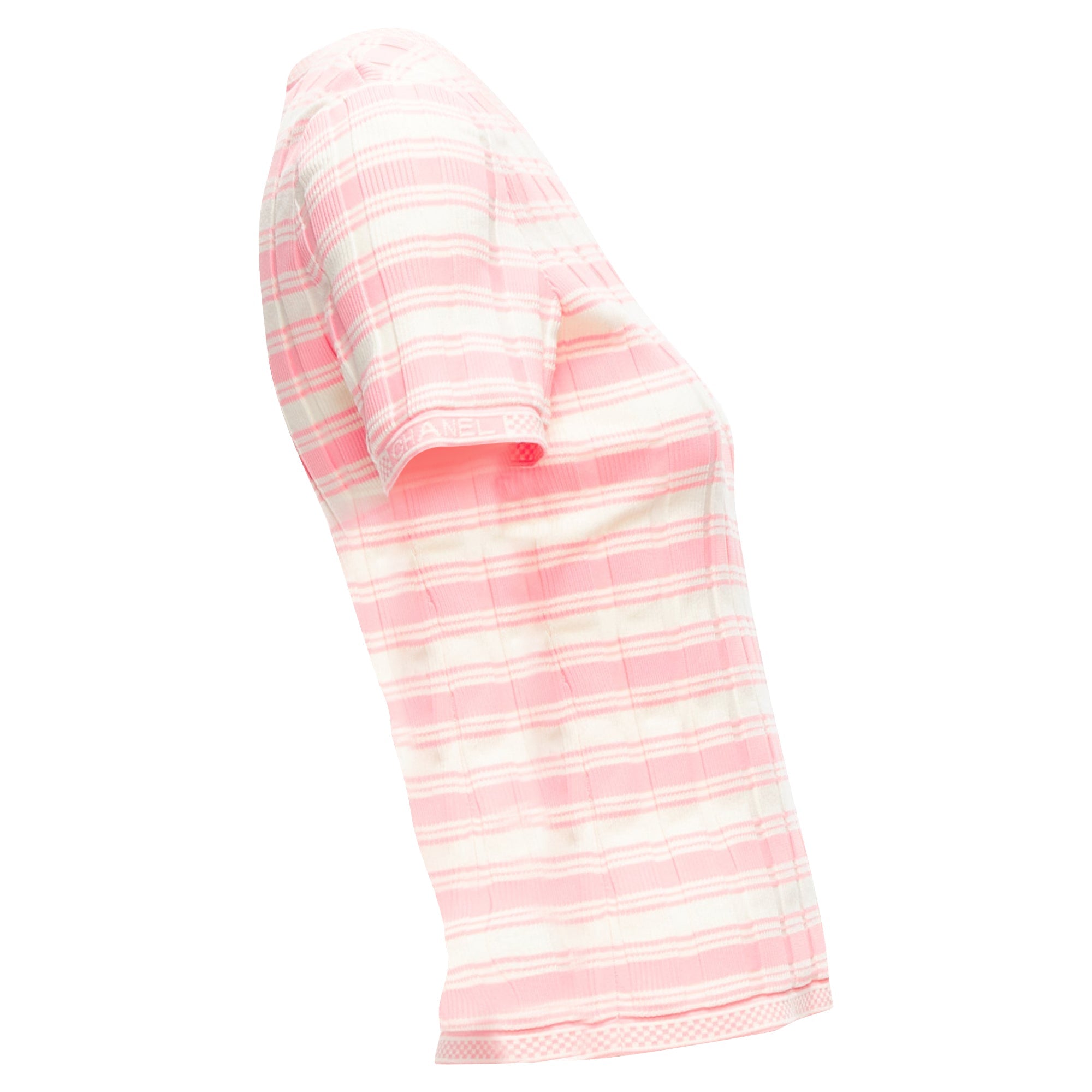 Women's Chanel Stripe Logo Charm Short Sleeve Ribbed Sweater