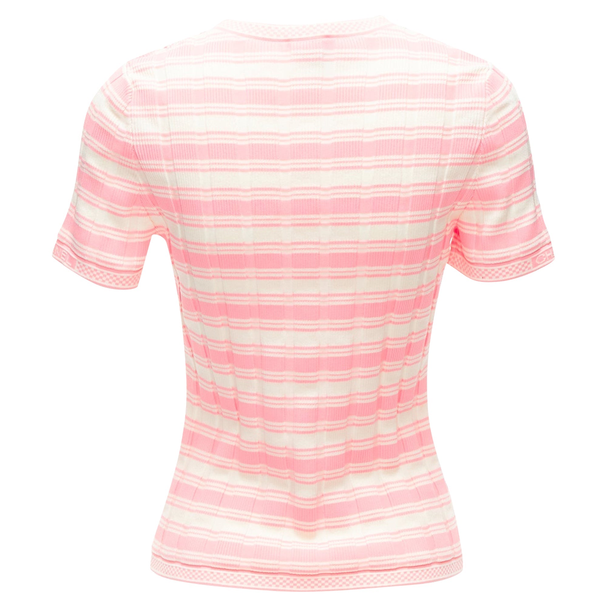 Women's Chanel Stripe Logo Charm Short Sleeve Ribbed Sweater