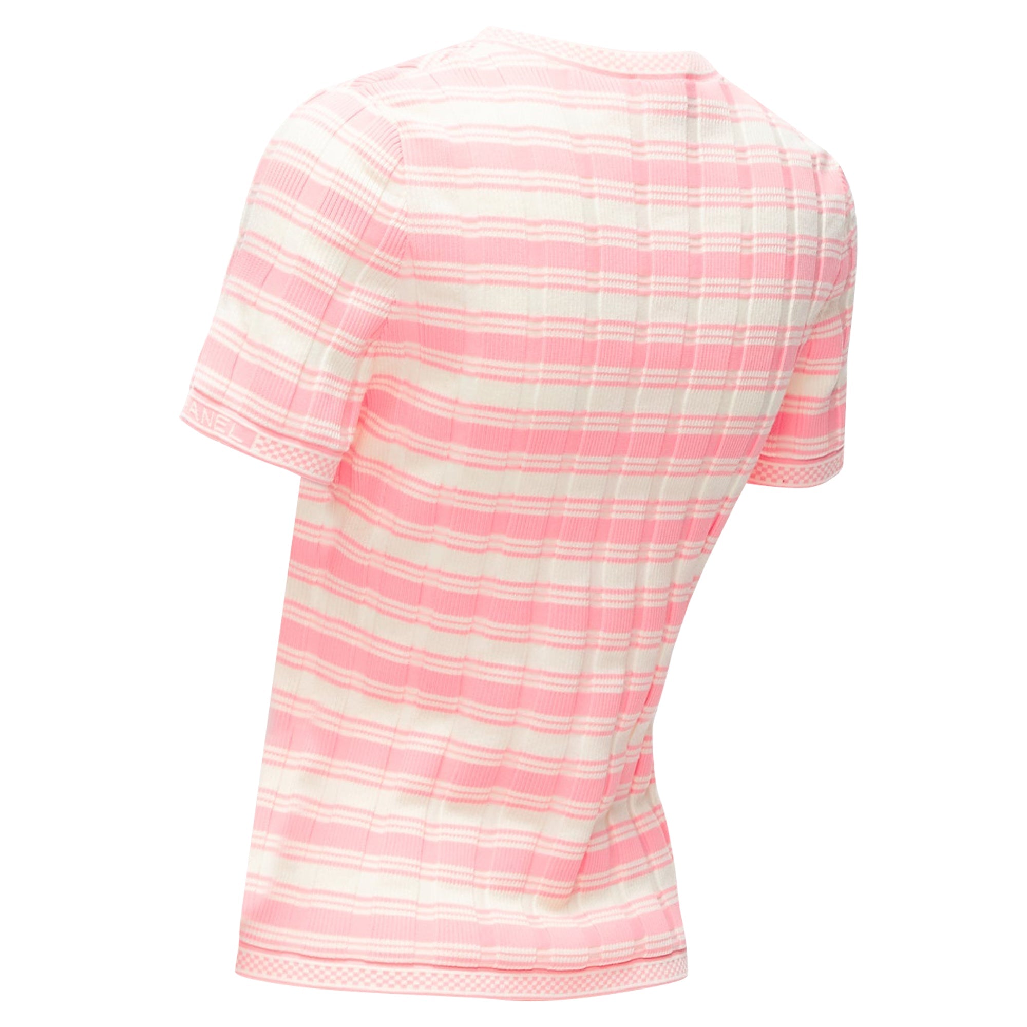 Women's Chanel Stripe Logo Charm Short Sleeve Ribbed Sweater