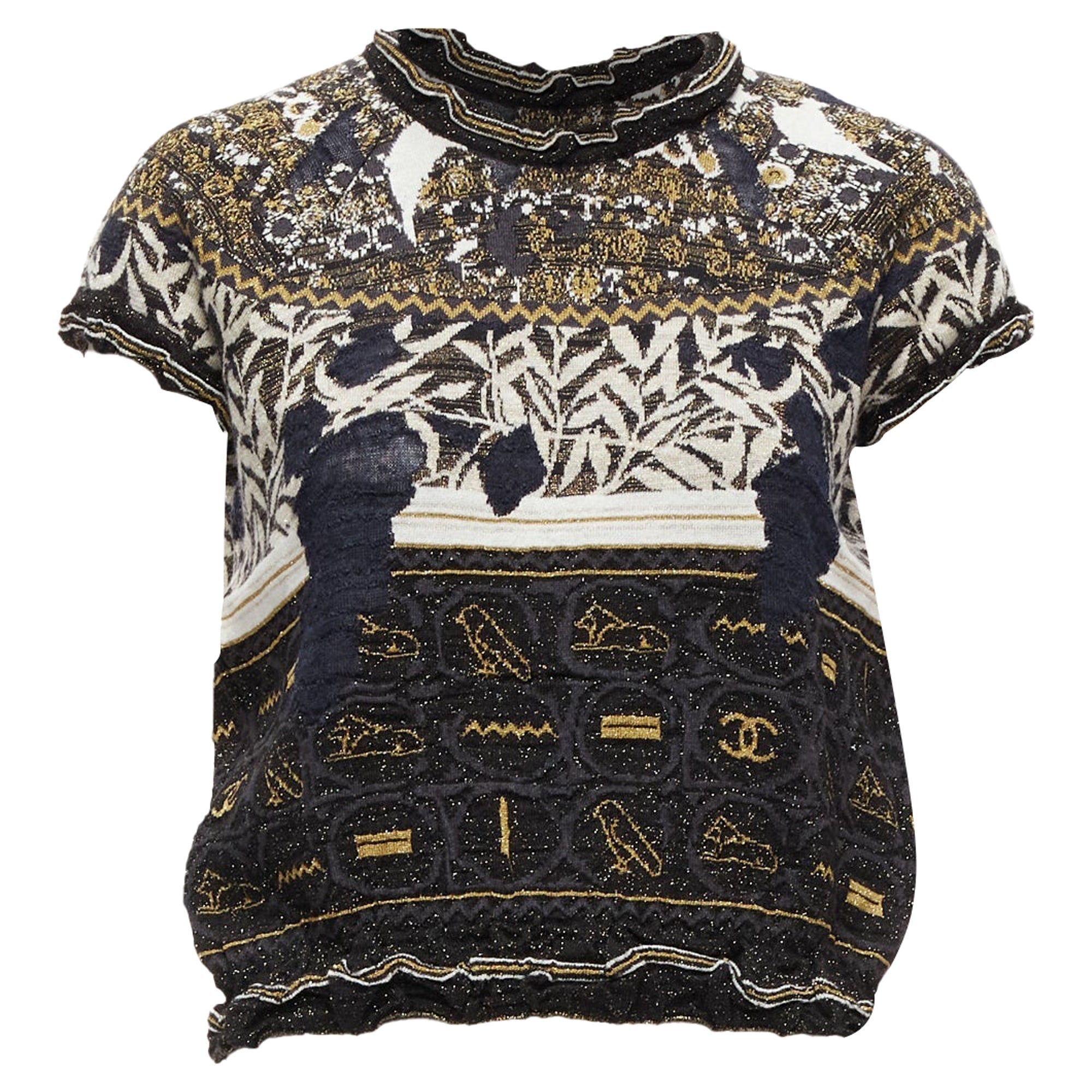 Women's Chanel Gold Egyptian Hieroglyphics CC Cap Sleeve Sweater