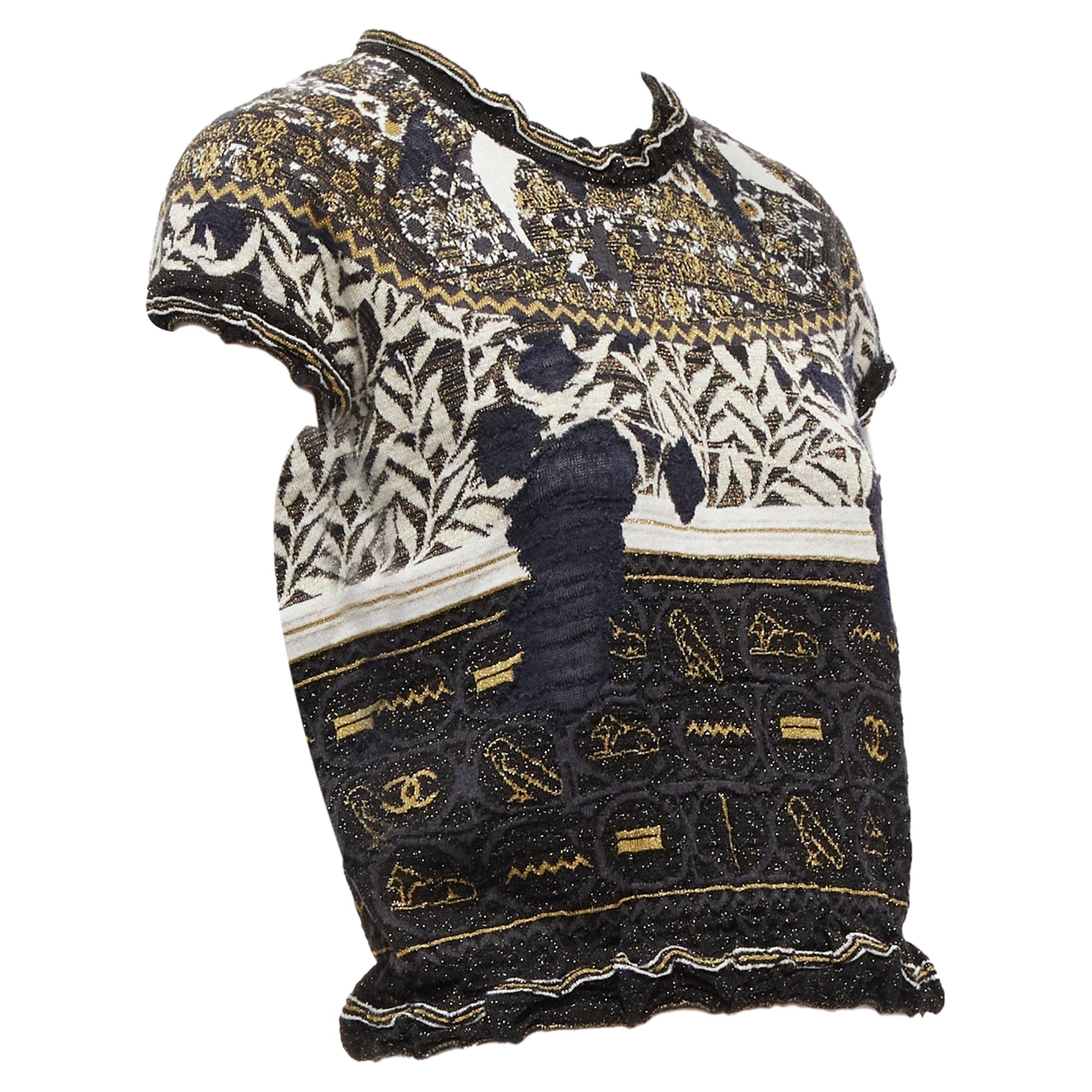 Women's Chanel Gold Egyptian Hieroglyphics CC Cap Sleeve Sweater