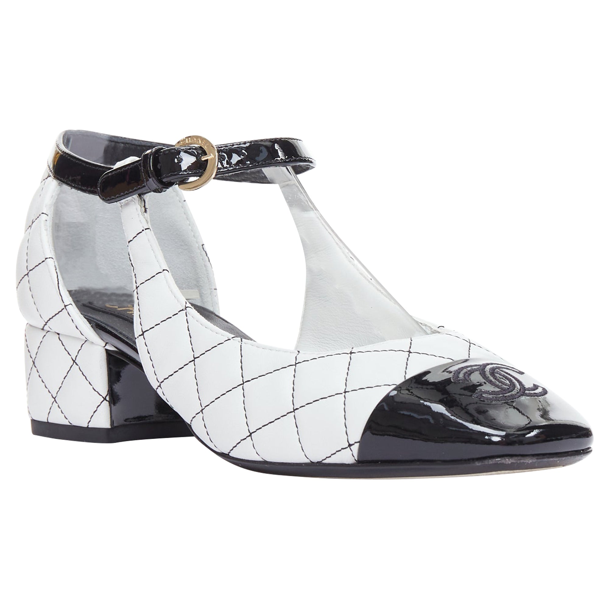 Women's Chanel Quilted Topstitch Patent Cap Toe Maryjane Heels