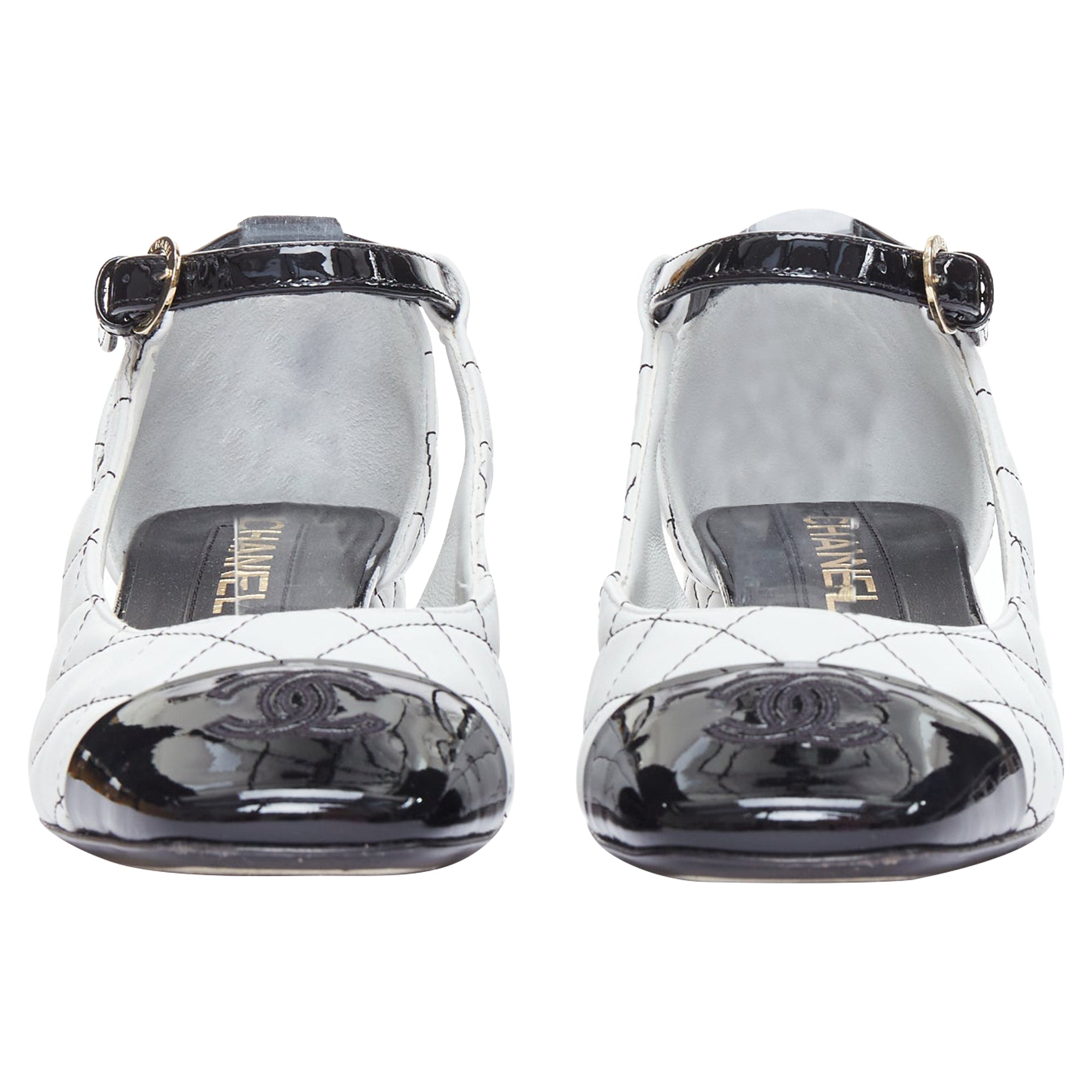 Women's Chanel Quilted Topstitch Patent Cap Toe Maryjane Heels