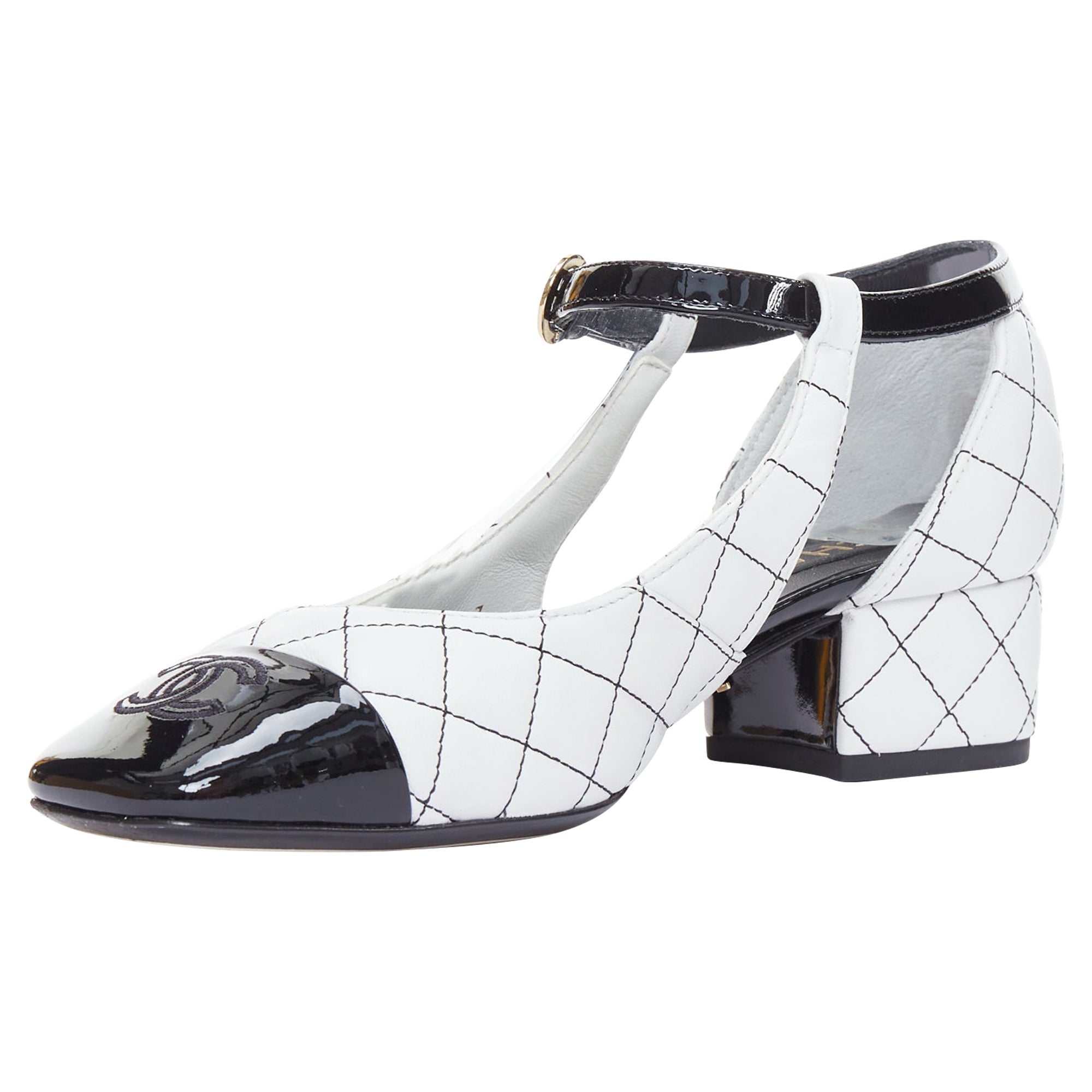 Women's Chanel Quilted Topstitch Patent Cap Toe Maryjane Heels