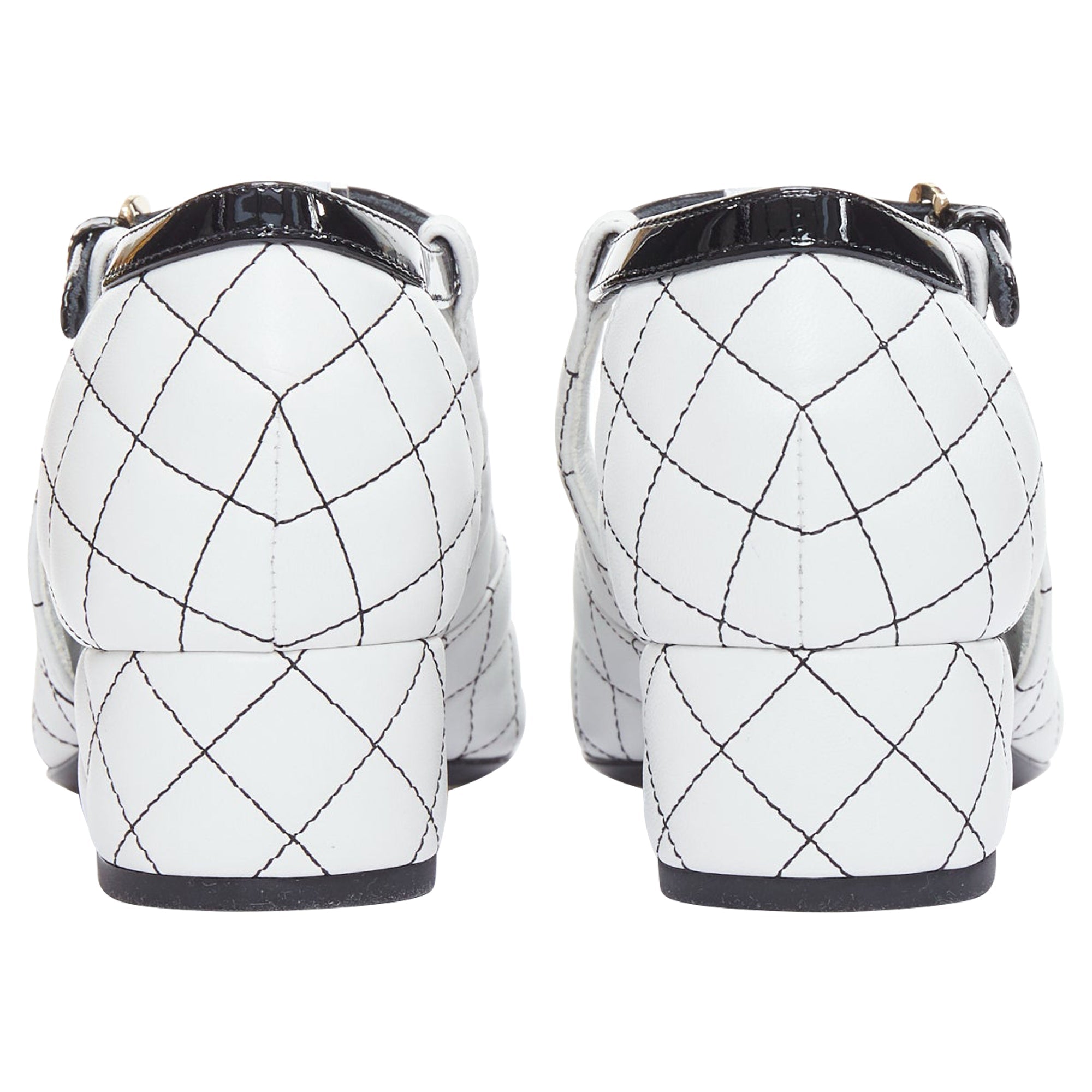 Women's Chanel Quilted Topstitch Patent Cap Toe Maryjane Heels