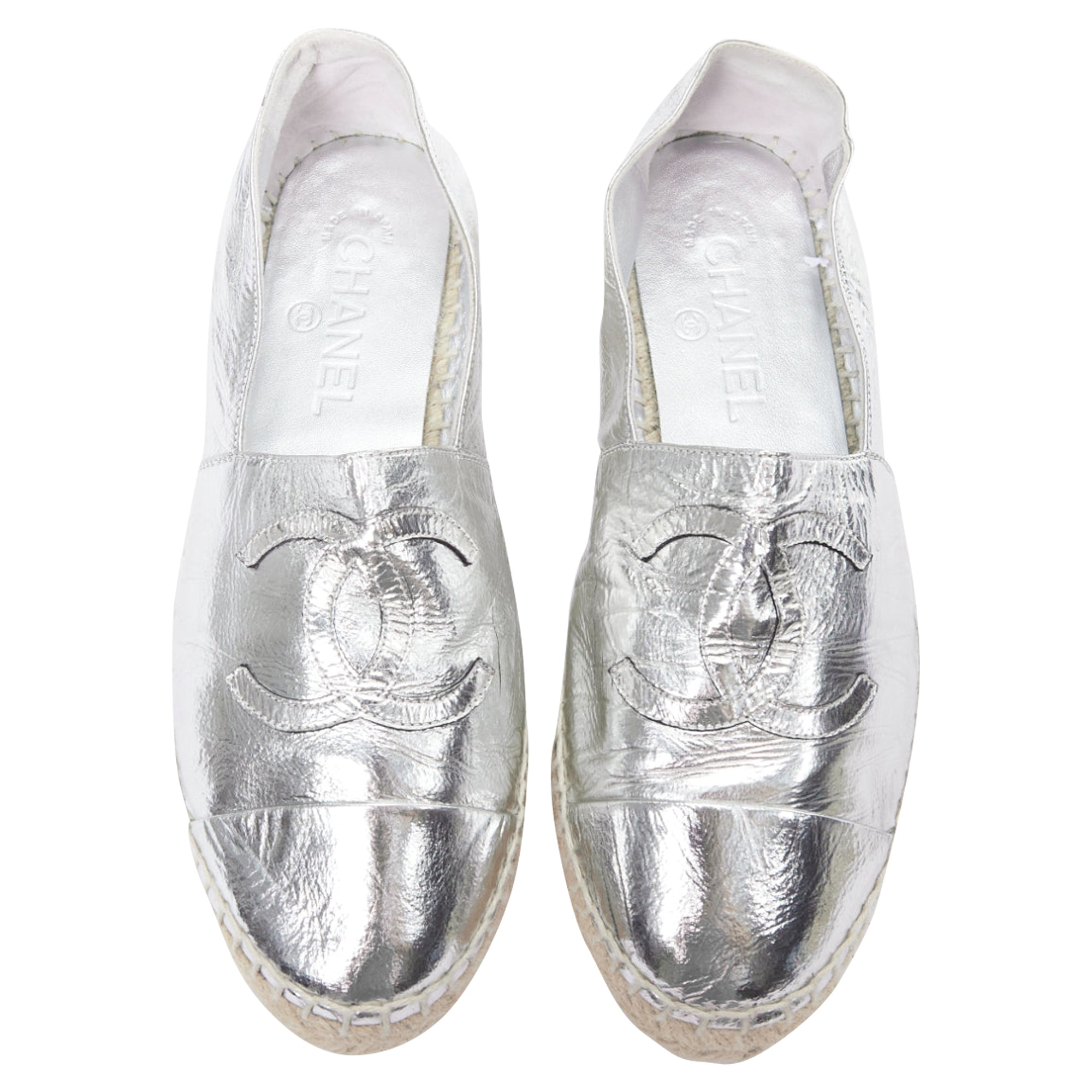 Women's Chanel Laminated Goatskin CC Logo Jute Espadrilles