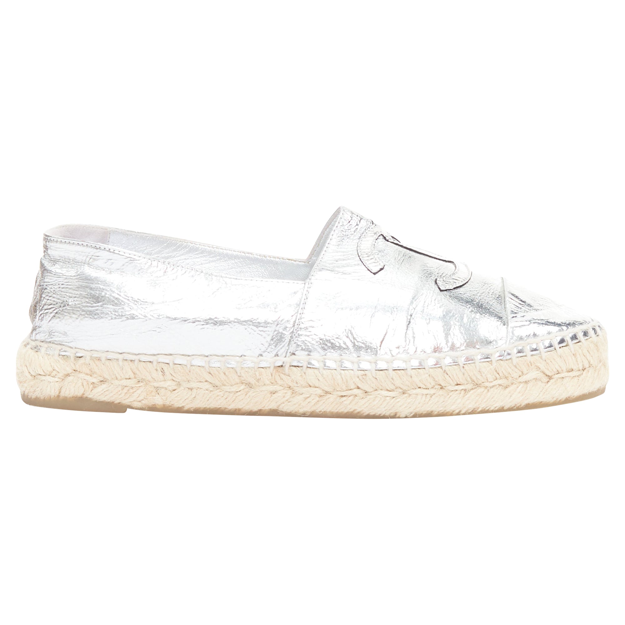 Women's Chanel Laminated Goatskin CC Logo Jute Espadrilles
