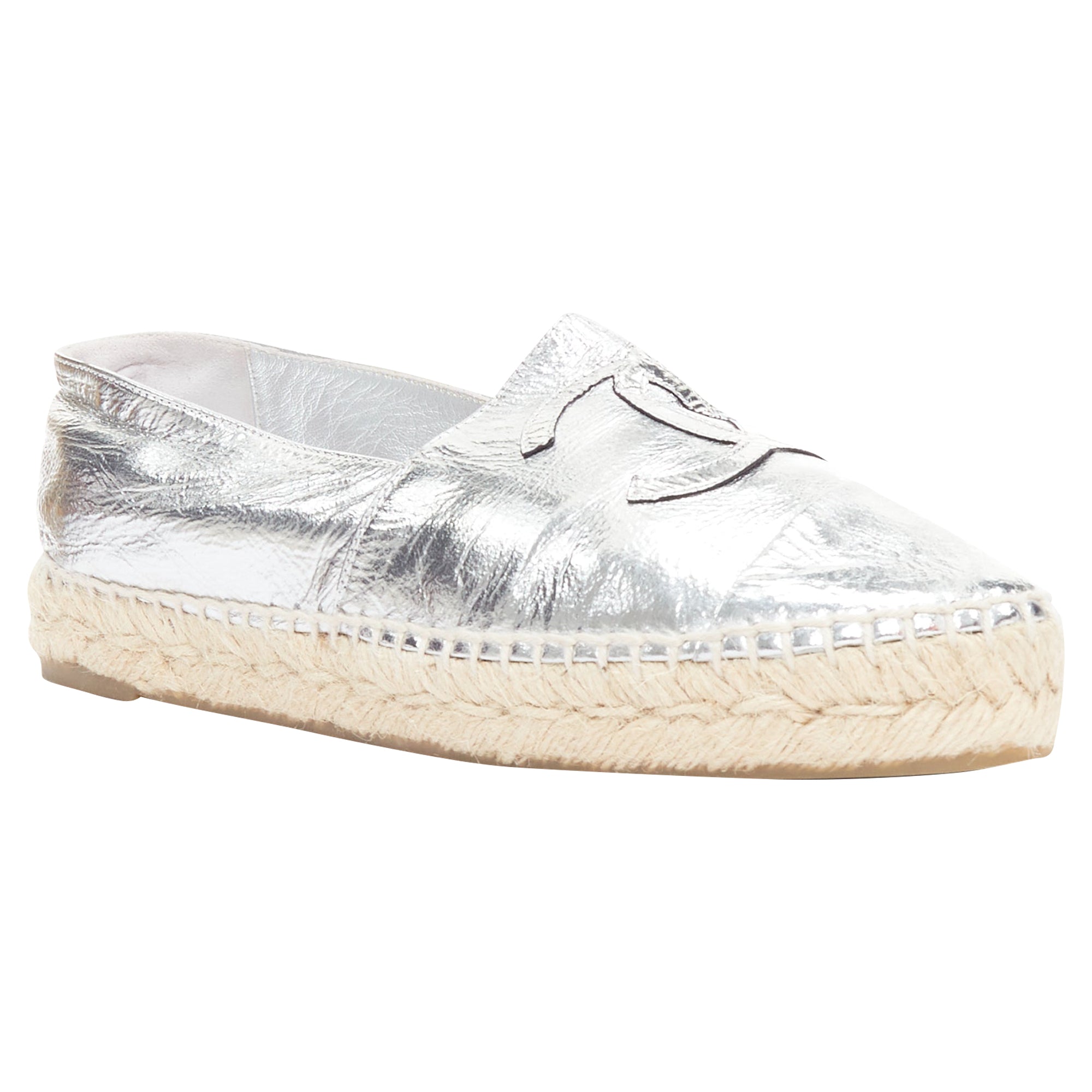 Women's Chanel Laminated Goatskin CC Logo Jute Espadrilles