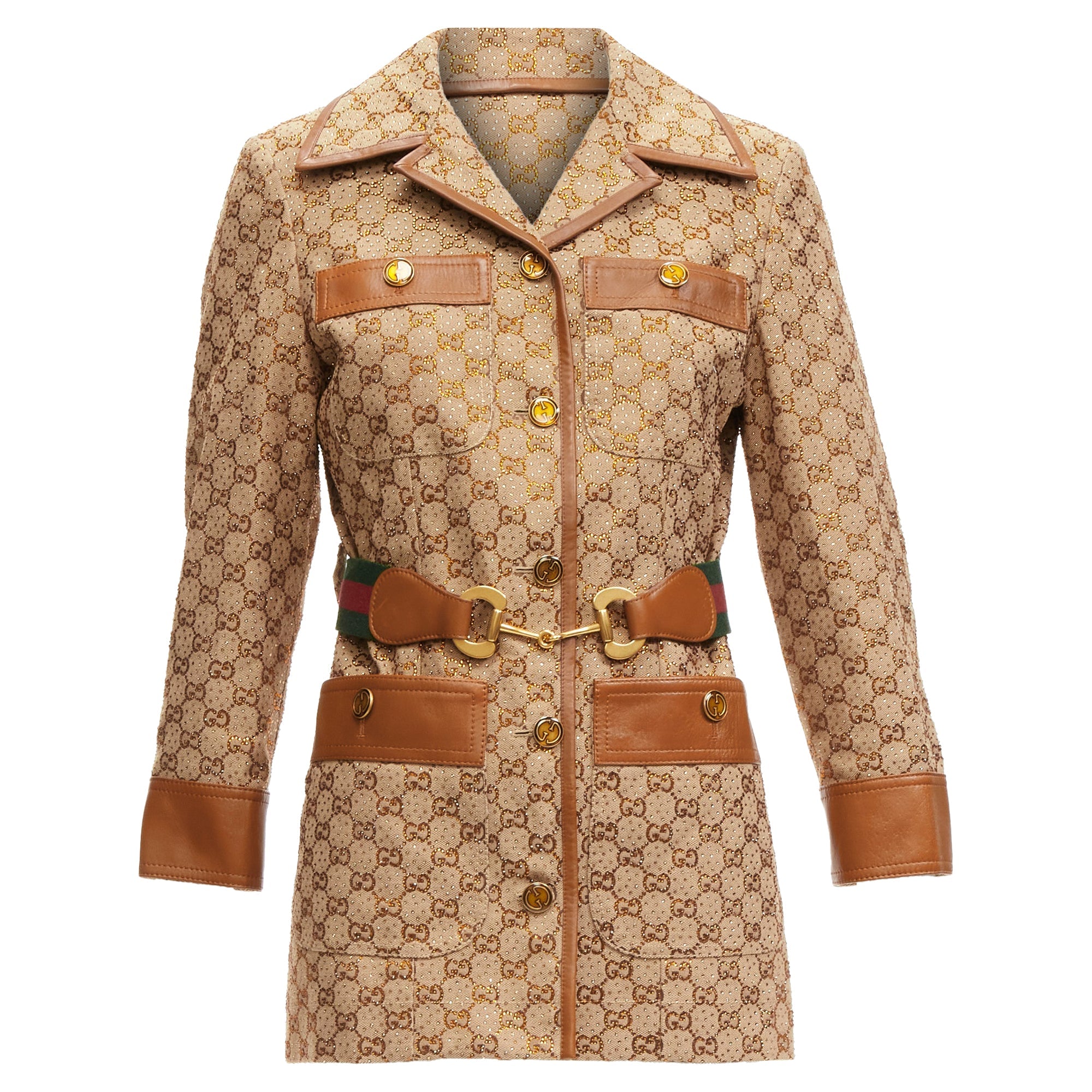 Women's Gucci aria crystal embellished horsebit web belt gg canvas jacket