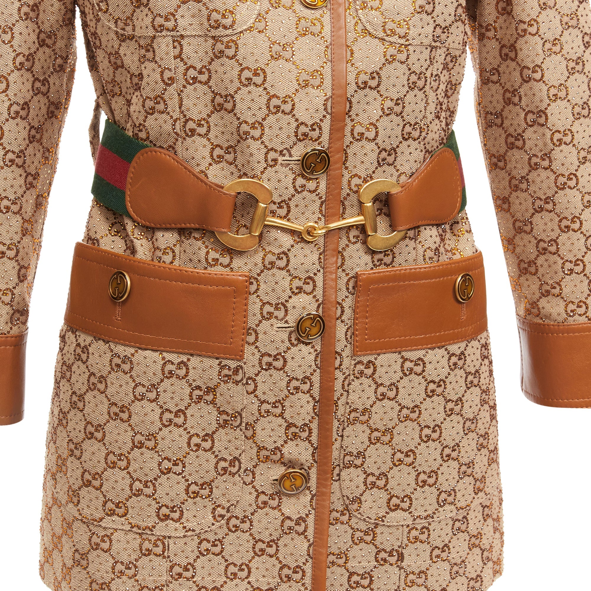 Women's Gucci aria crystal embellished horsebit web belt gg canvas jacket