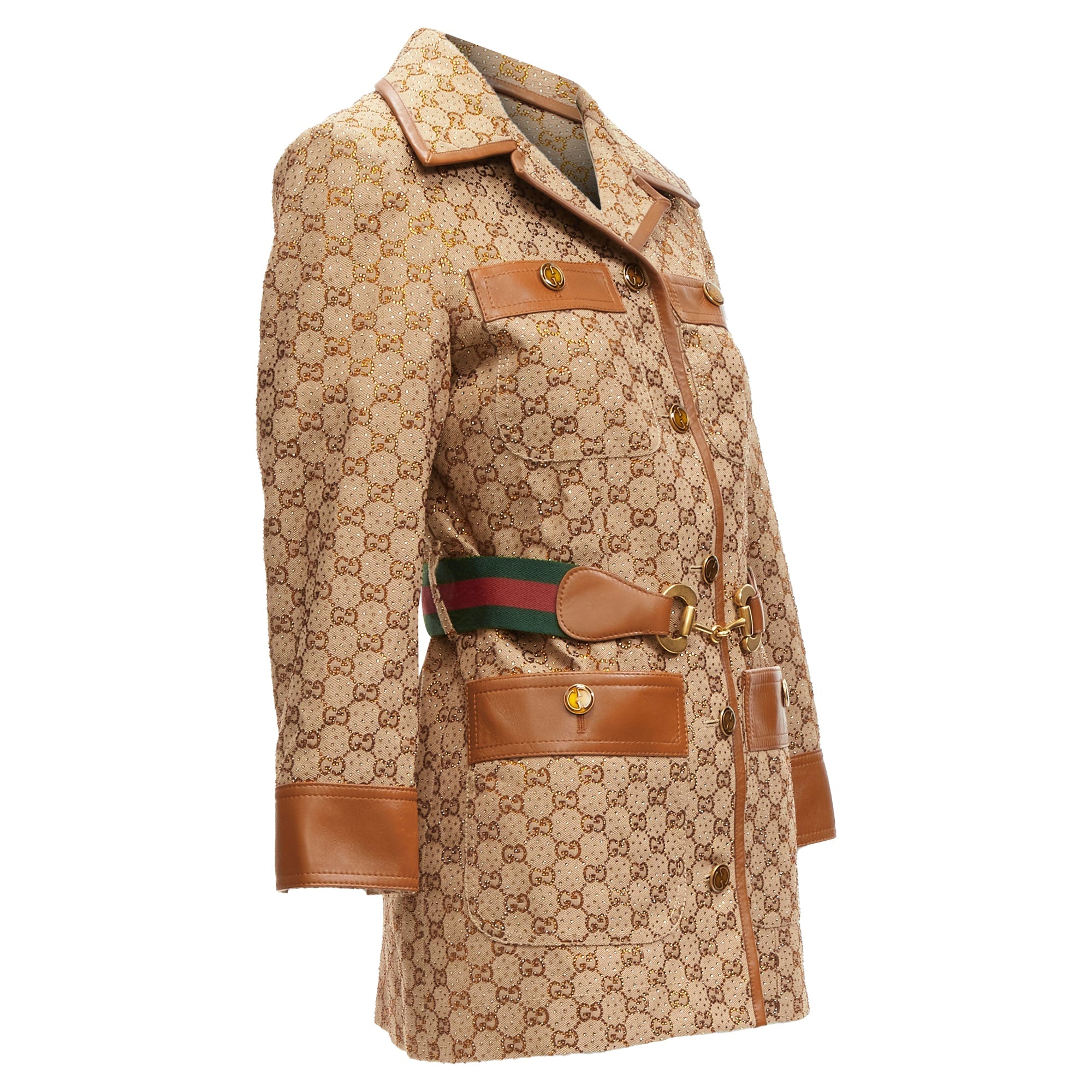 Women's Gucci aria crystal embellished horsebit web belt gg canvas jacket