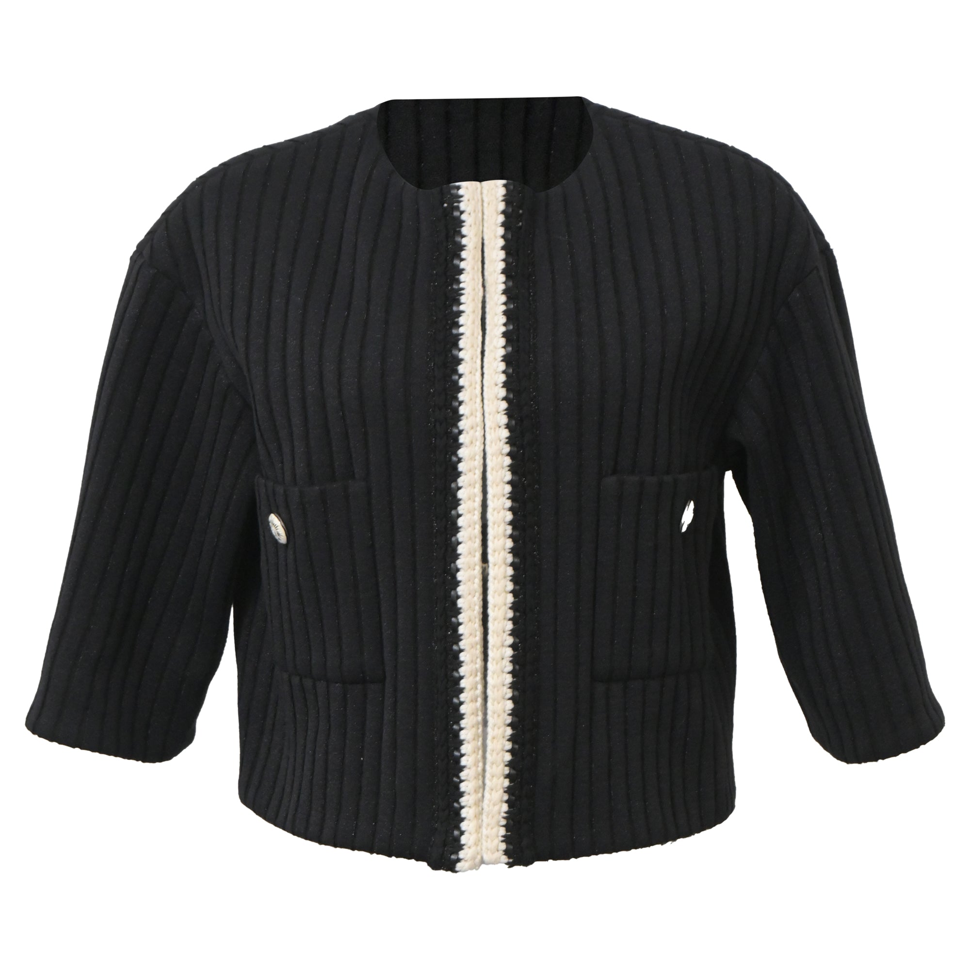 Women's Chanel Cruise 2022 Knitted Collarless Jacket with Pockets in Black Polyamide