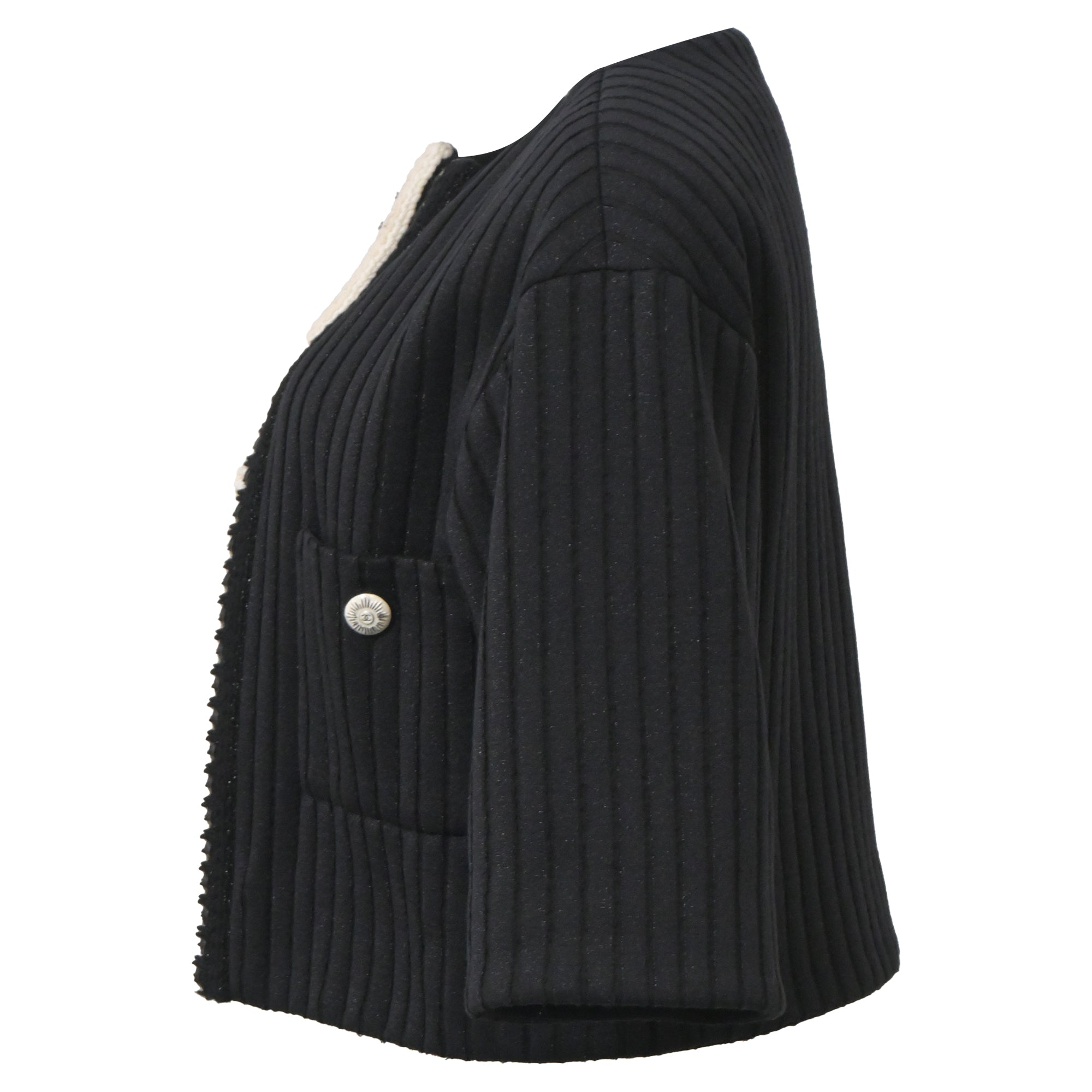 Women's Chanel Cruise 2022 Knitted Collarless Jacket with Pockets in Black Polyamide
