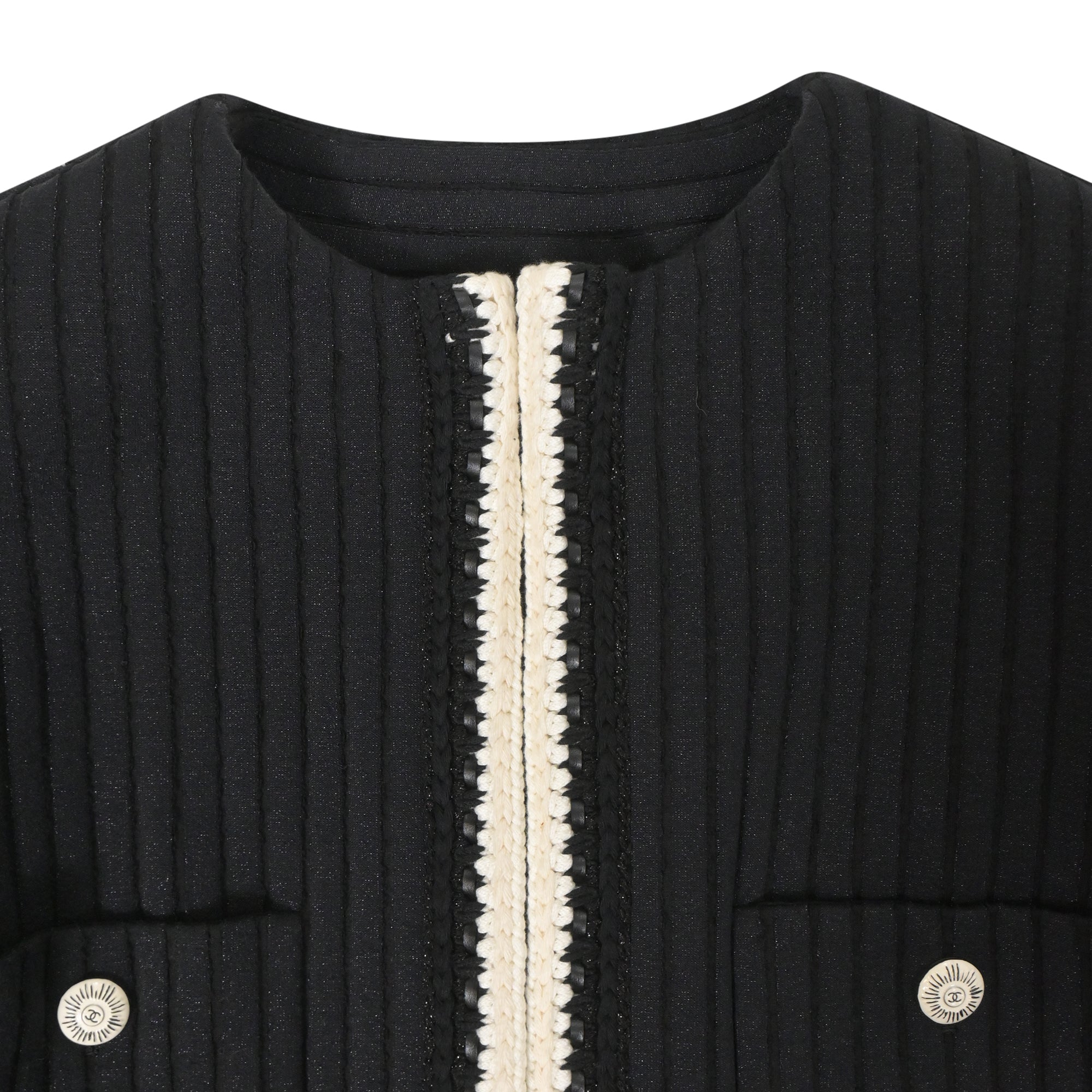 Women's Chanel Cruise 2022 Knitted Collarless Jacket with Pockets in Black Polyamide