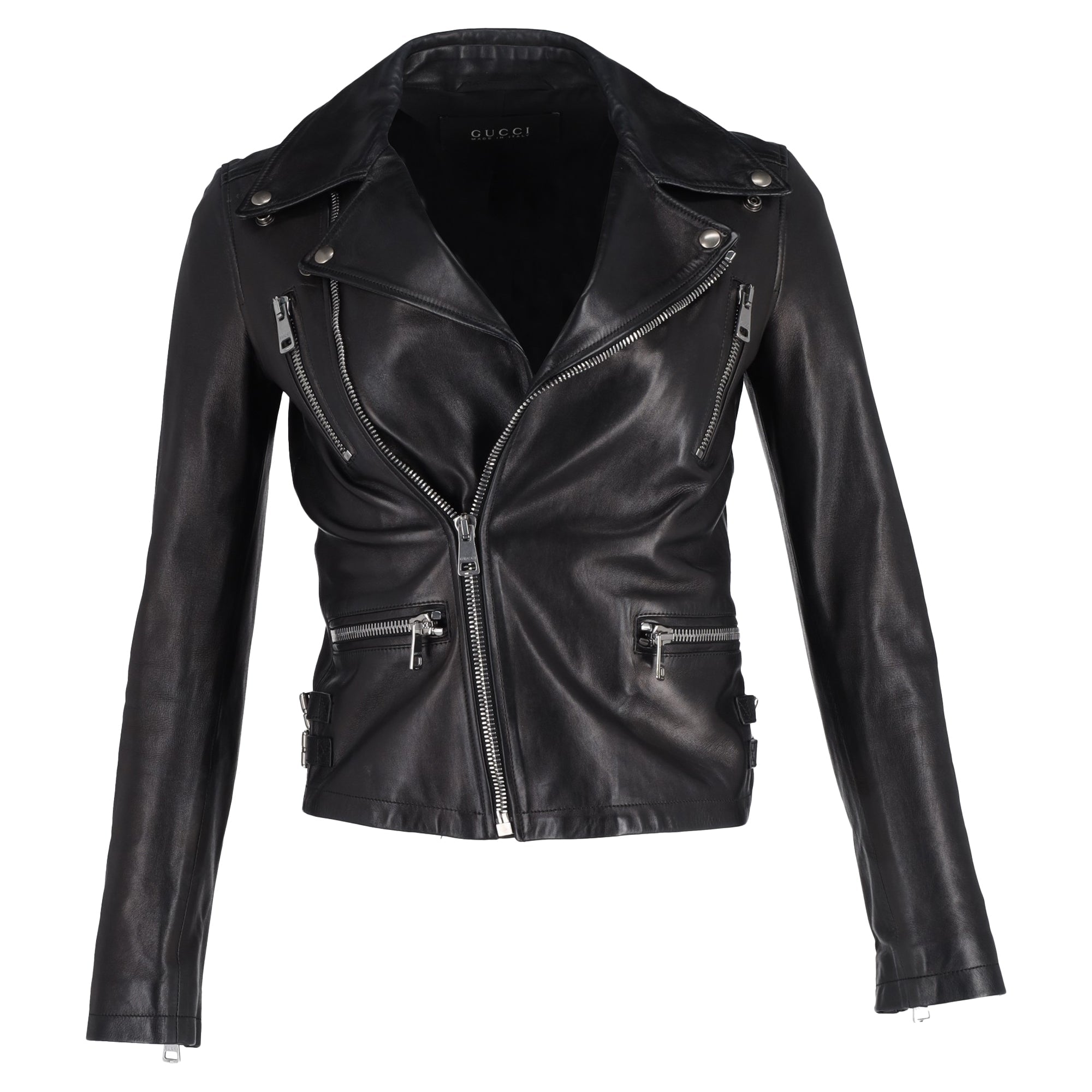Women's Gucci Bird-Embroidered Biker Jacket in Black Leather