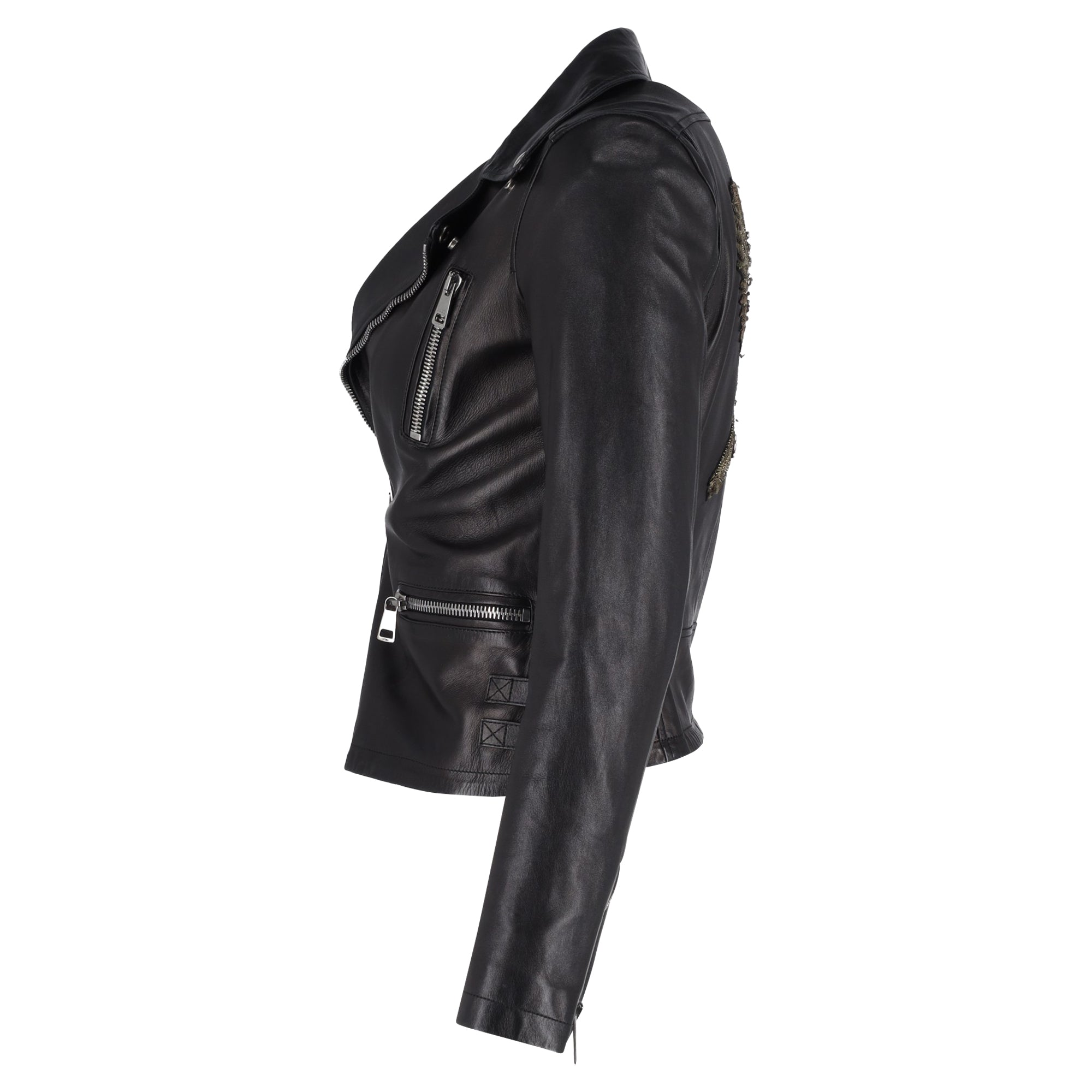 Women's Gucci Bird-Embroidered Biker Jacket in Black Leather