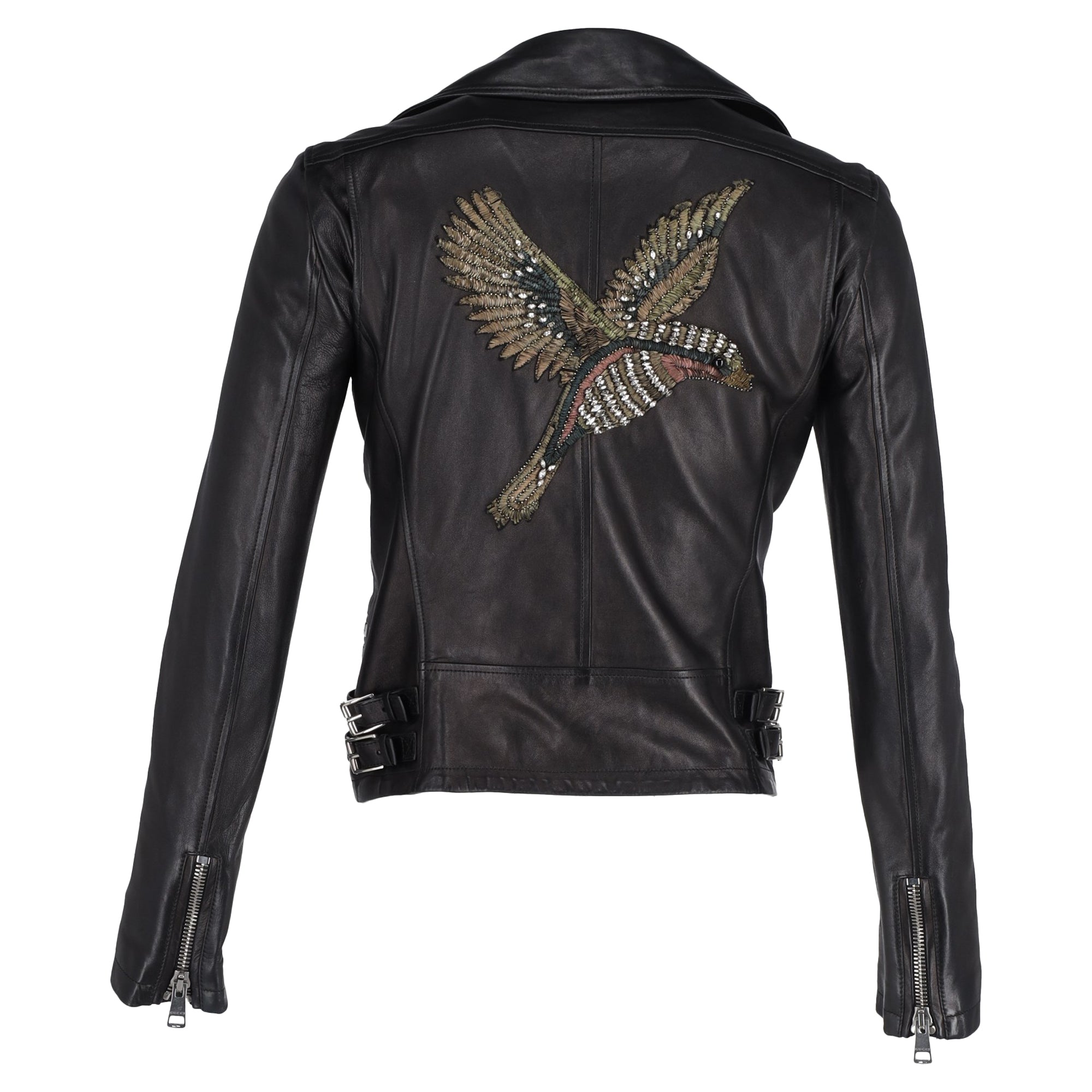 Women's Gucci Bird-Embroidered Biker Jacket in Black Leather