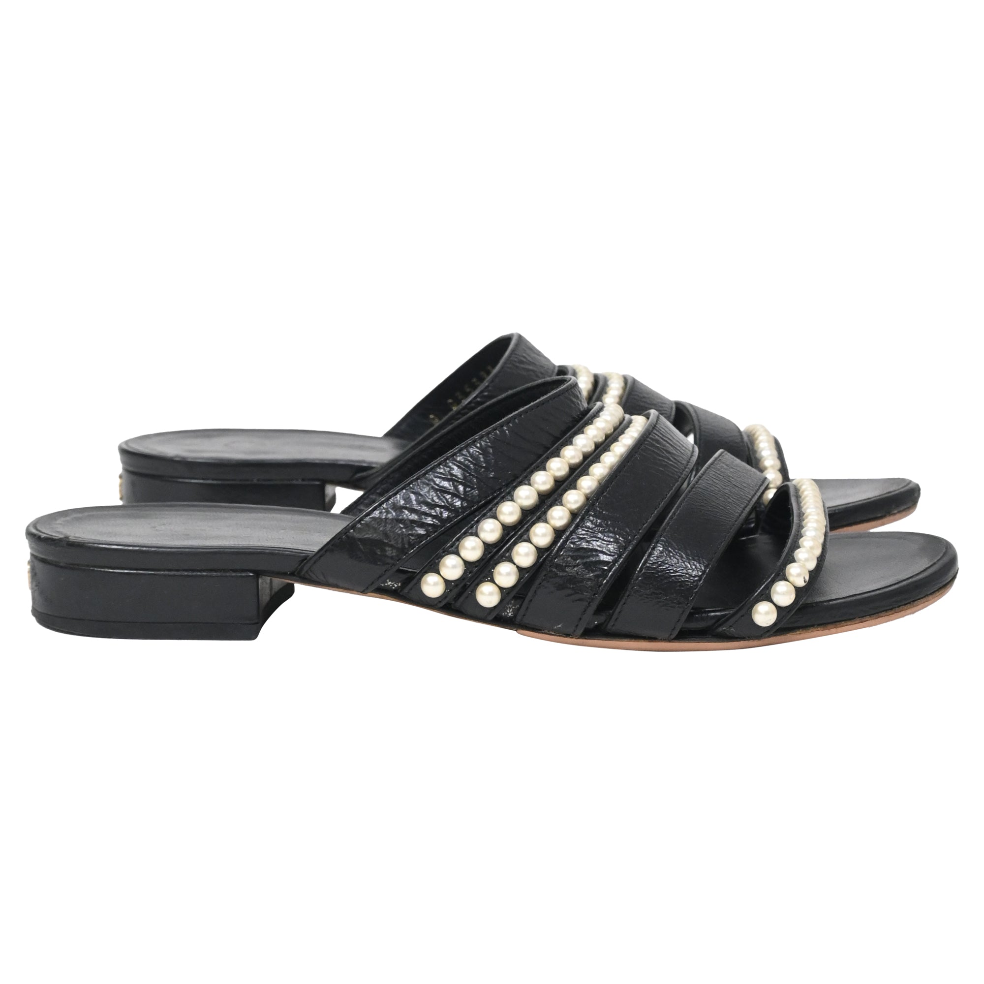 Women's  Chanel CC Pearl-Embellished Slip-On Flats in Black Leather