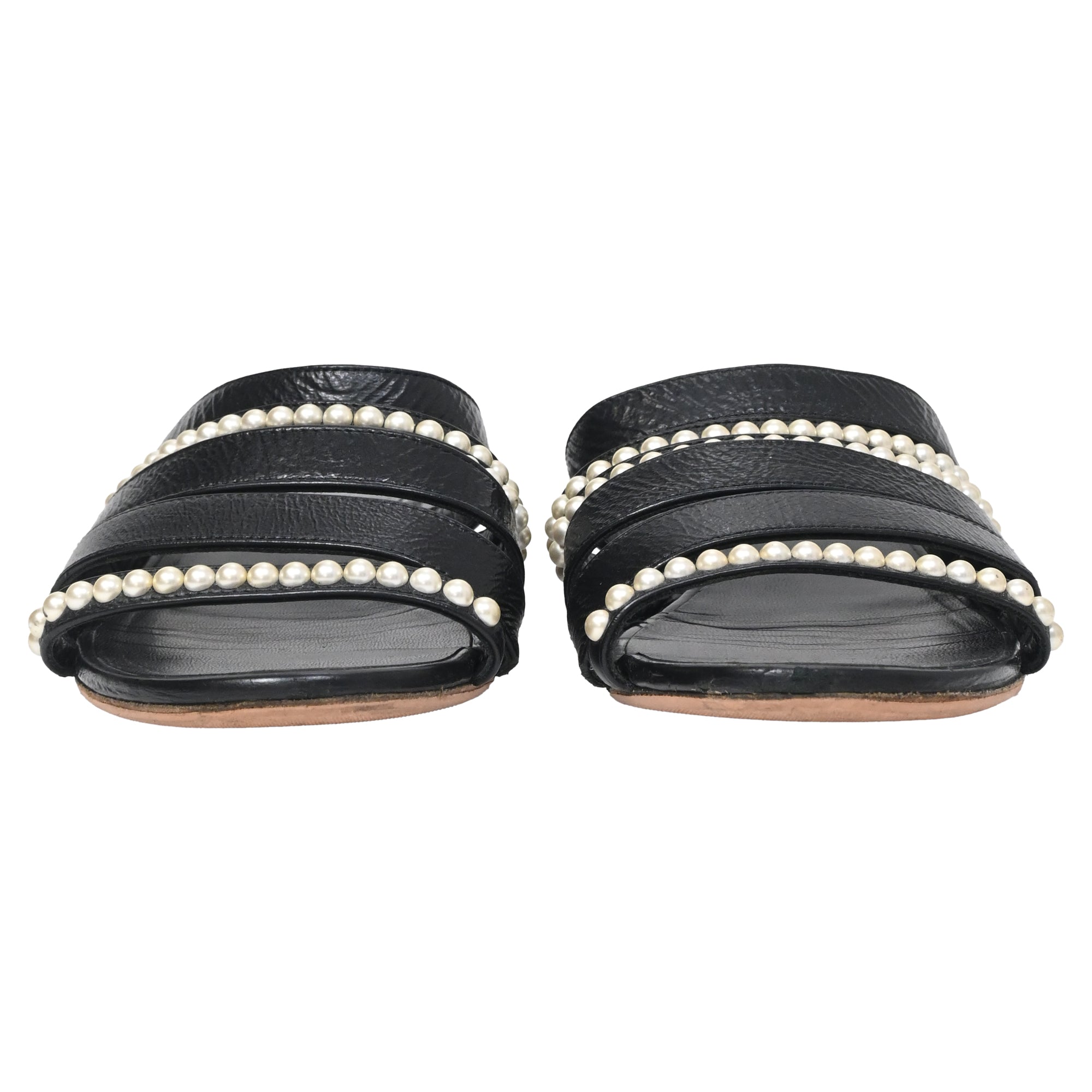 Women's  Chanel CC Pearl-Embellished Slip-On Flats in Black Leather