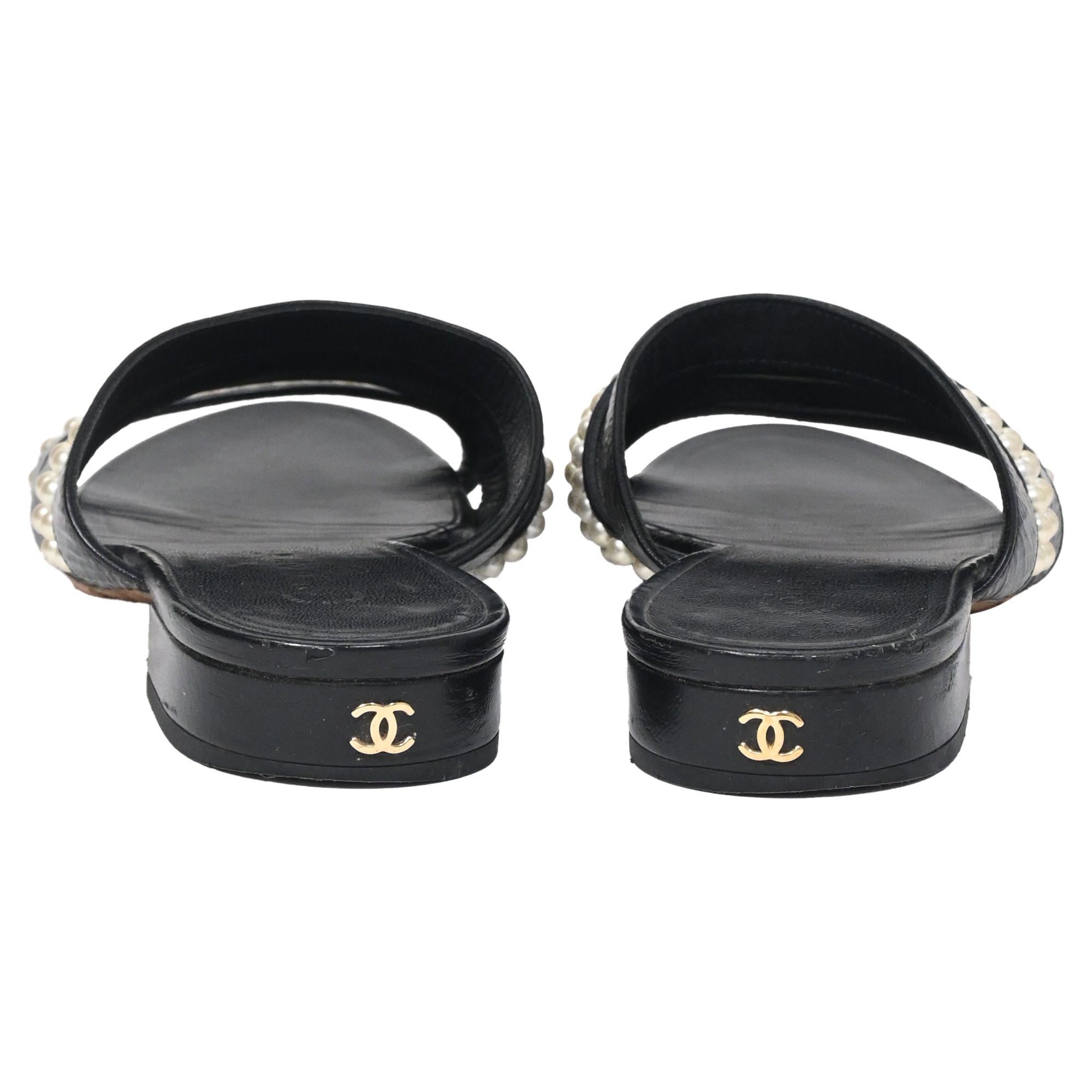 Women's  Chanel CC Pearl-Embellished Slip-On Flats in Black Leather