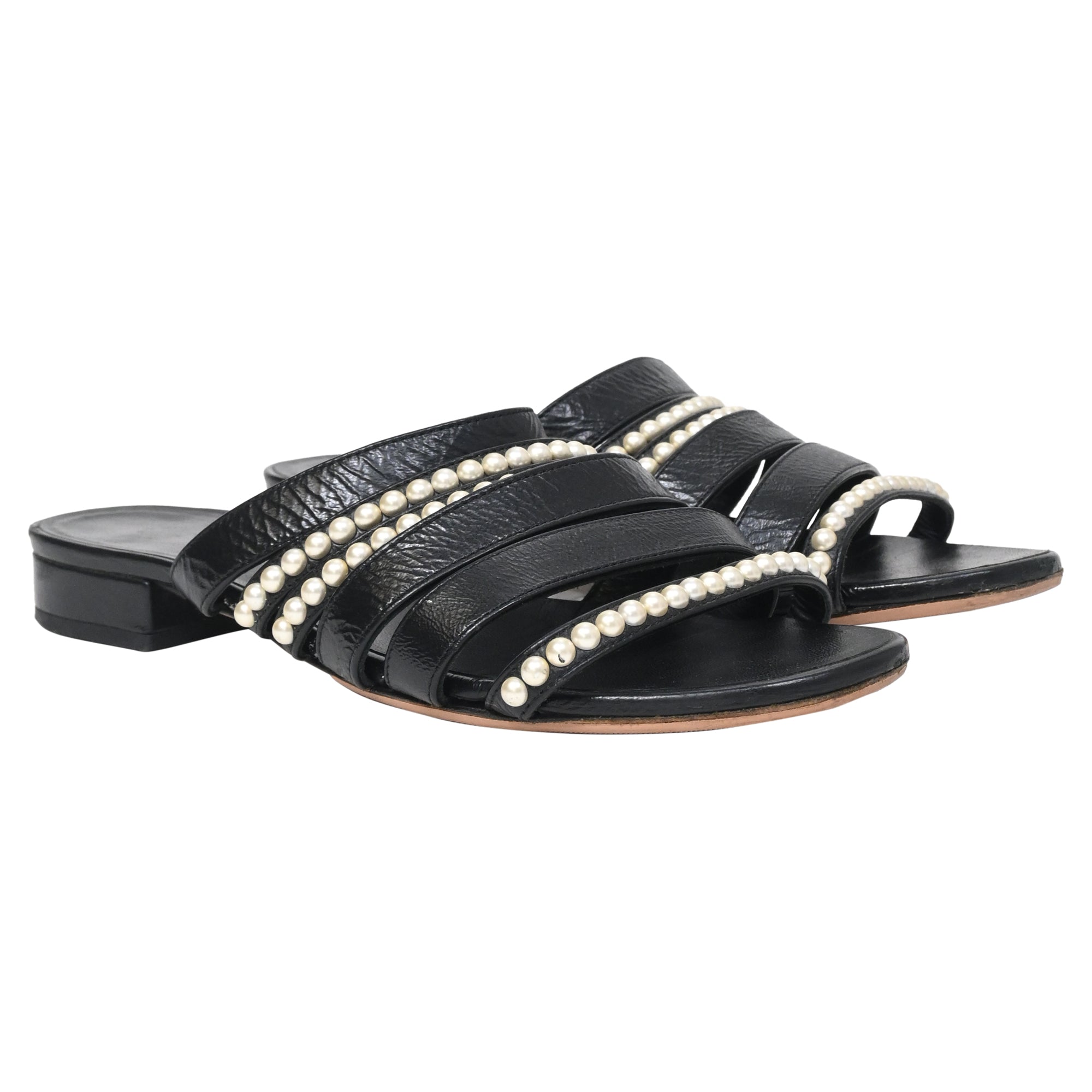 Women's  Chanel CC Pearl-Embellished Slip-On Flats in Black Leather